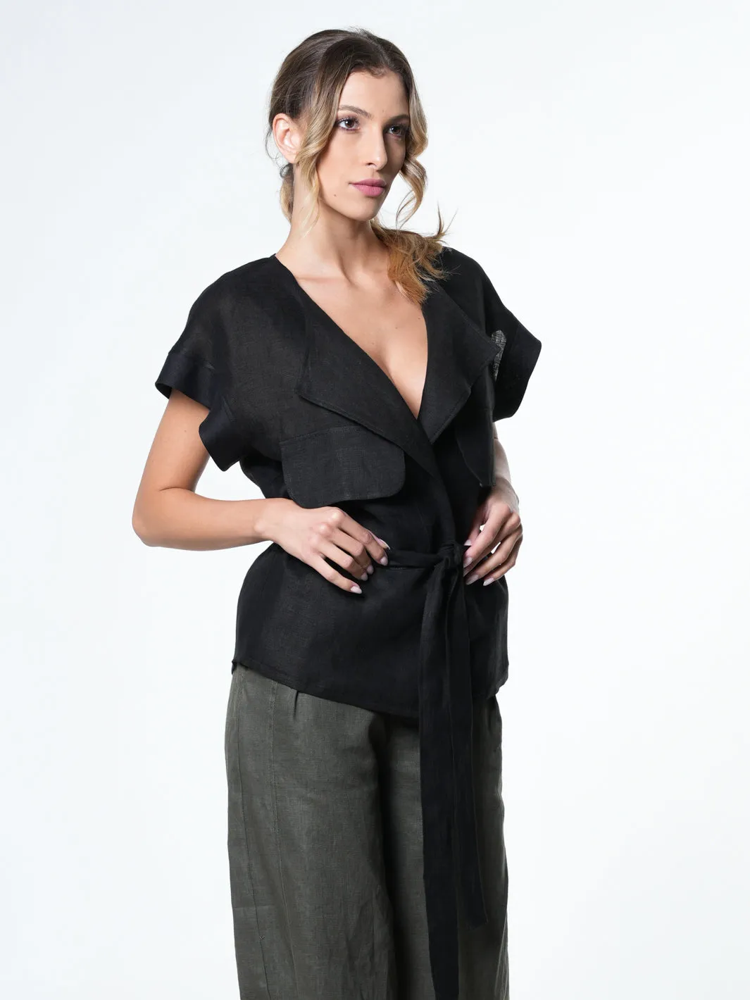 Belted Linen Wrap Top In Black