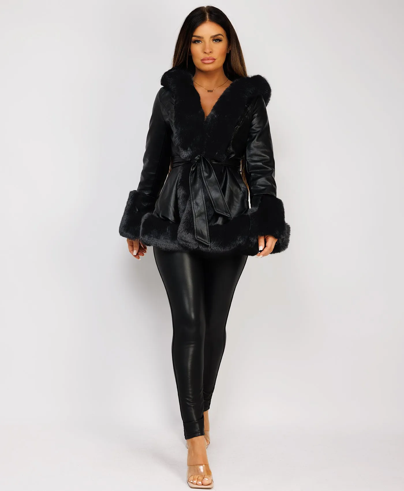 Black Faux Fur Vegan Leather Hooded Swing Coat Jacket