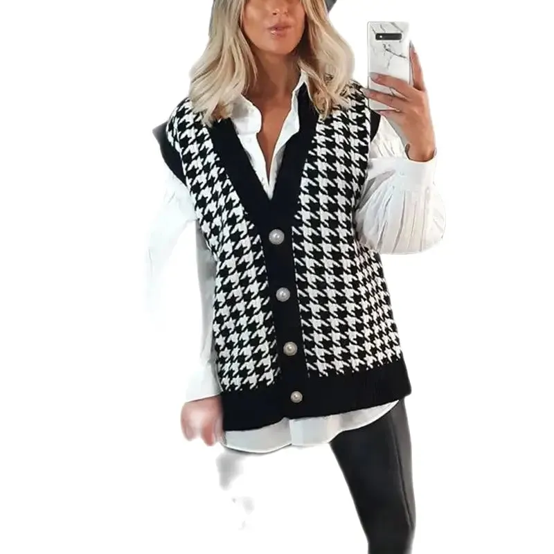 Black Houndstooth Knitted Vest