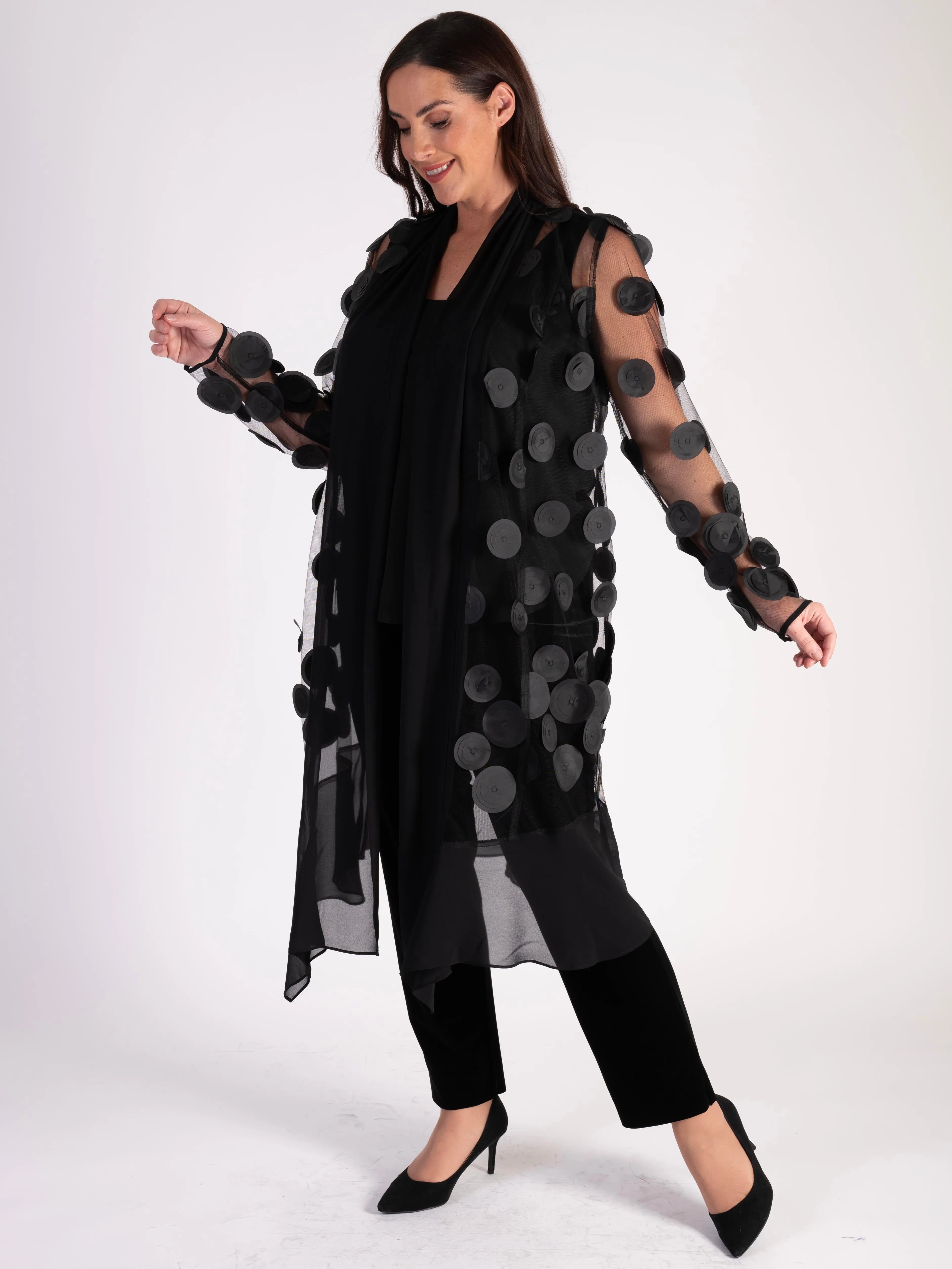 Black Mesh Coat with Laser Cut Circles and Chiffon Trim