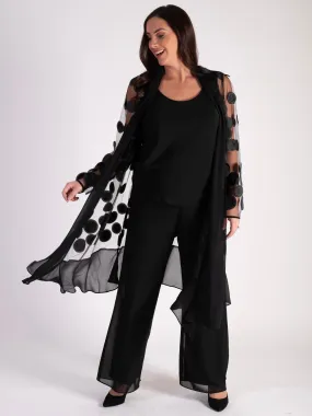 Black Mesh Coat with Laser Cut Circles and Chiffon Trim