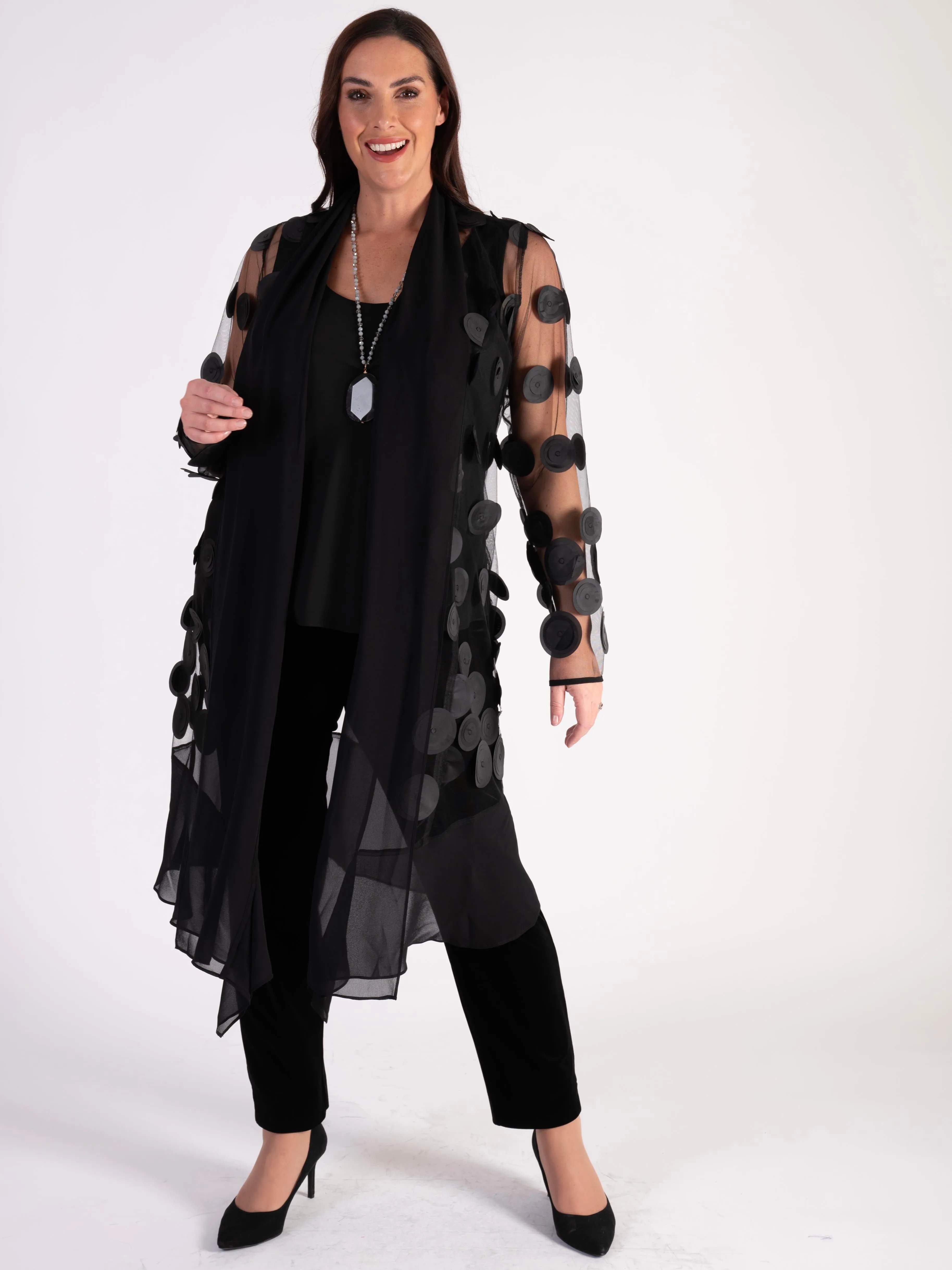 Black Mesh Coat with Laser Cut Circles and Chiffon Trim