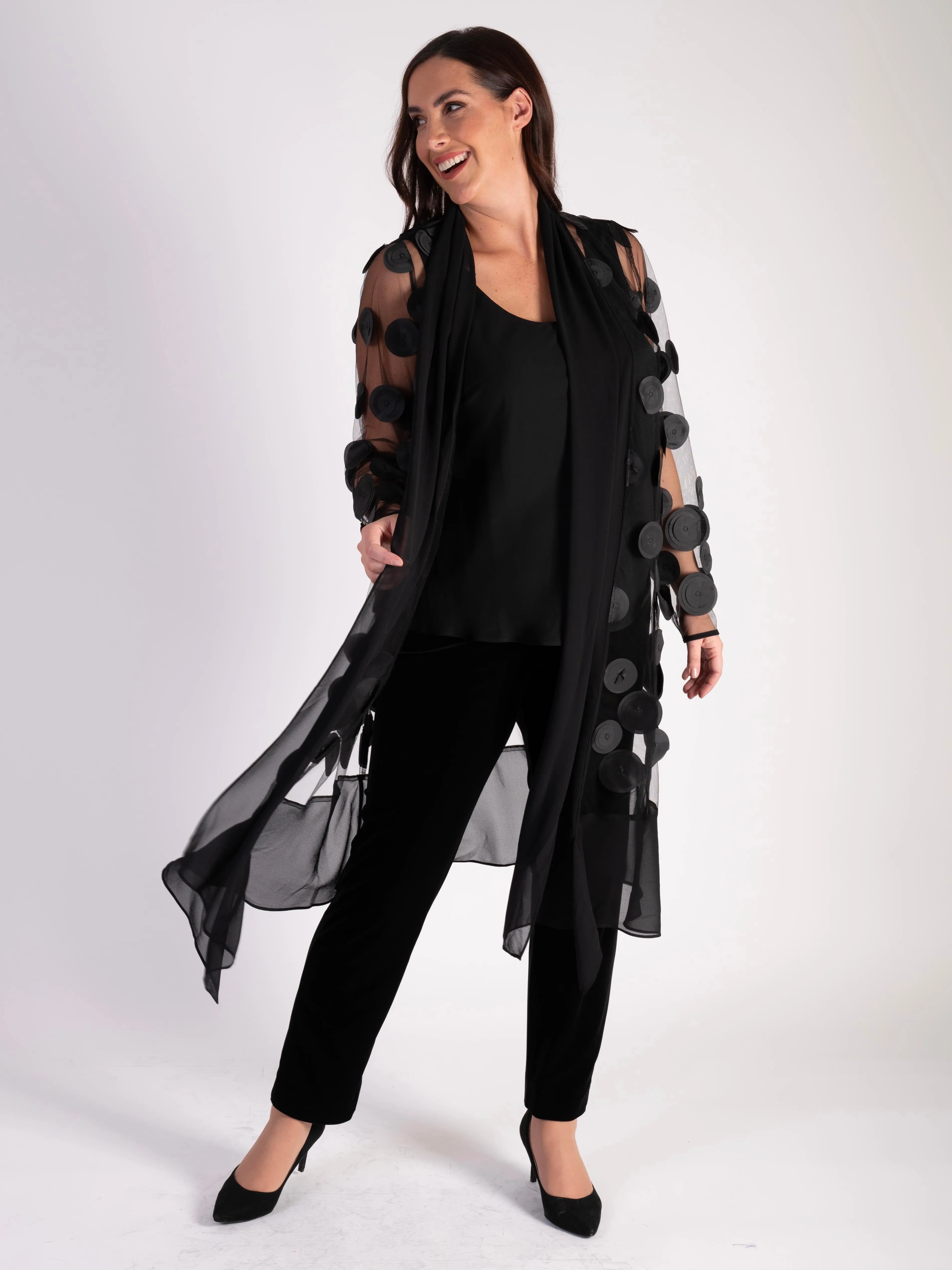 Black Mesh Coat with Laser Cut Circles and Chiffon Trim