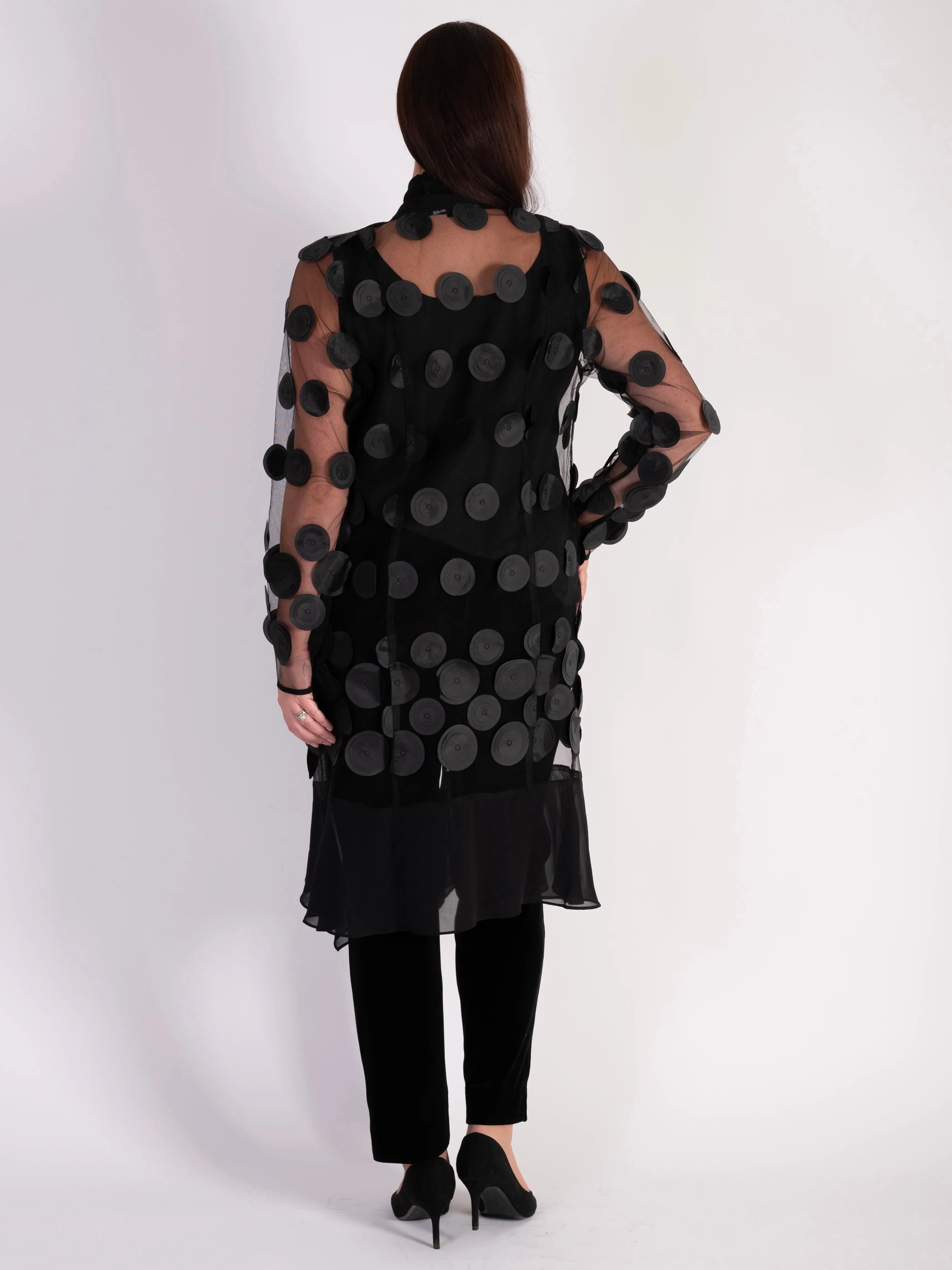 Black Mesh Coat with Laser Cut Circles and Chiffon Trim