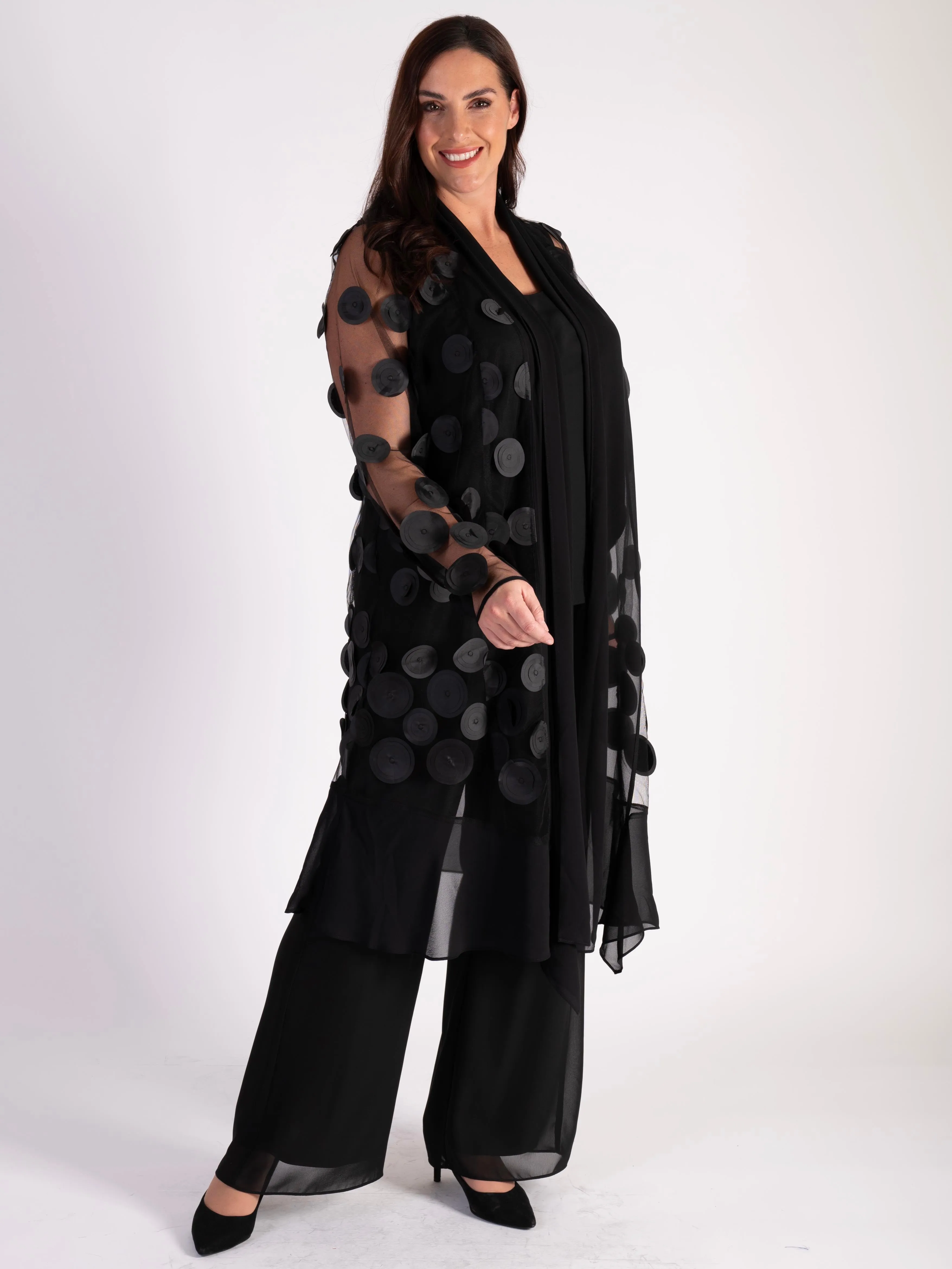 Black Mesh Coat with Laser Cut Circles and Chiffon Trim