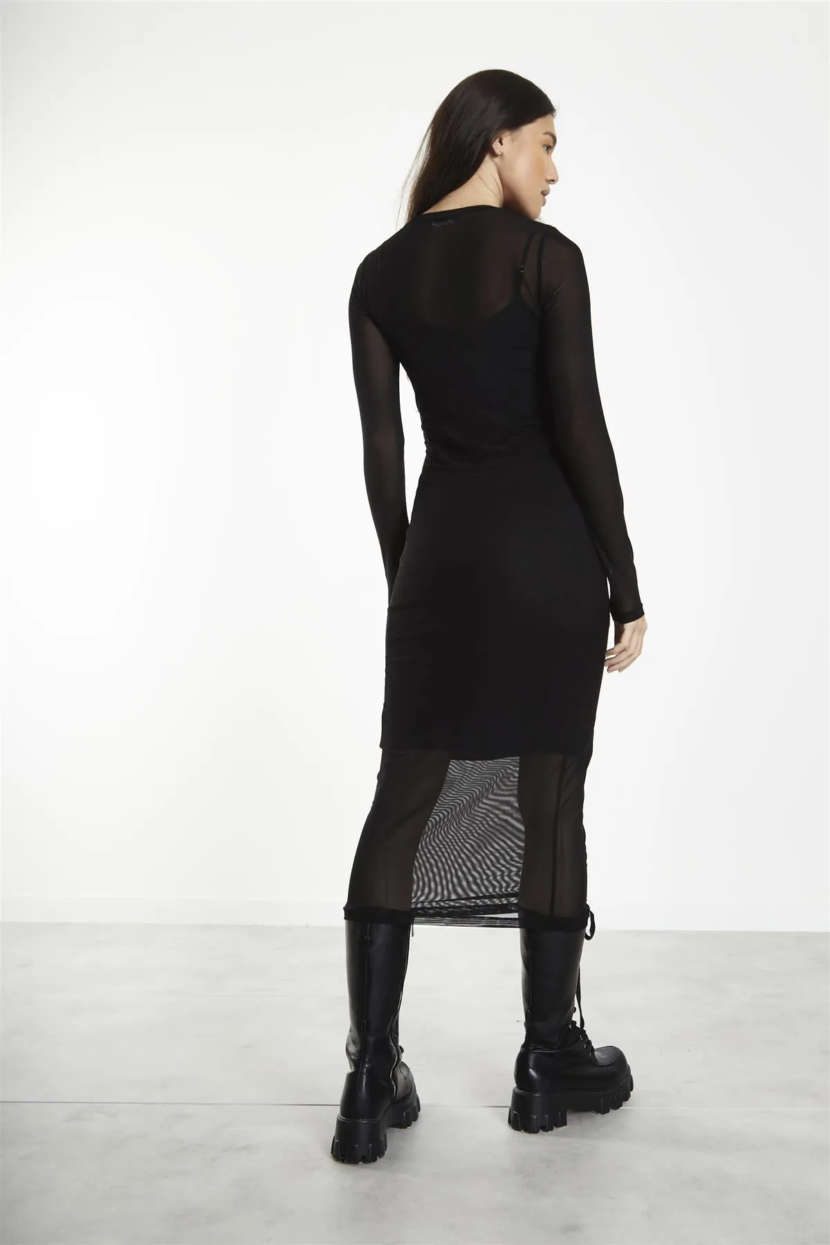 Black Mesh Crew Neck Midi-Dress