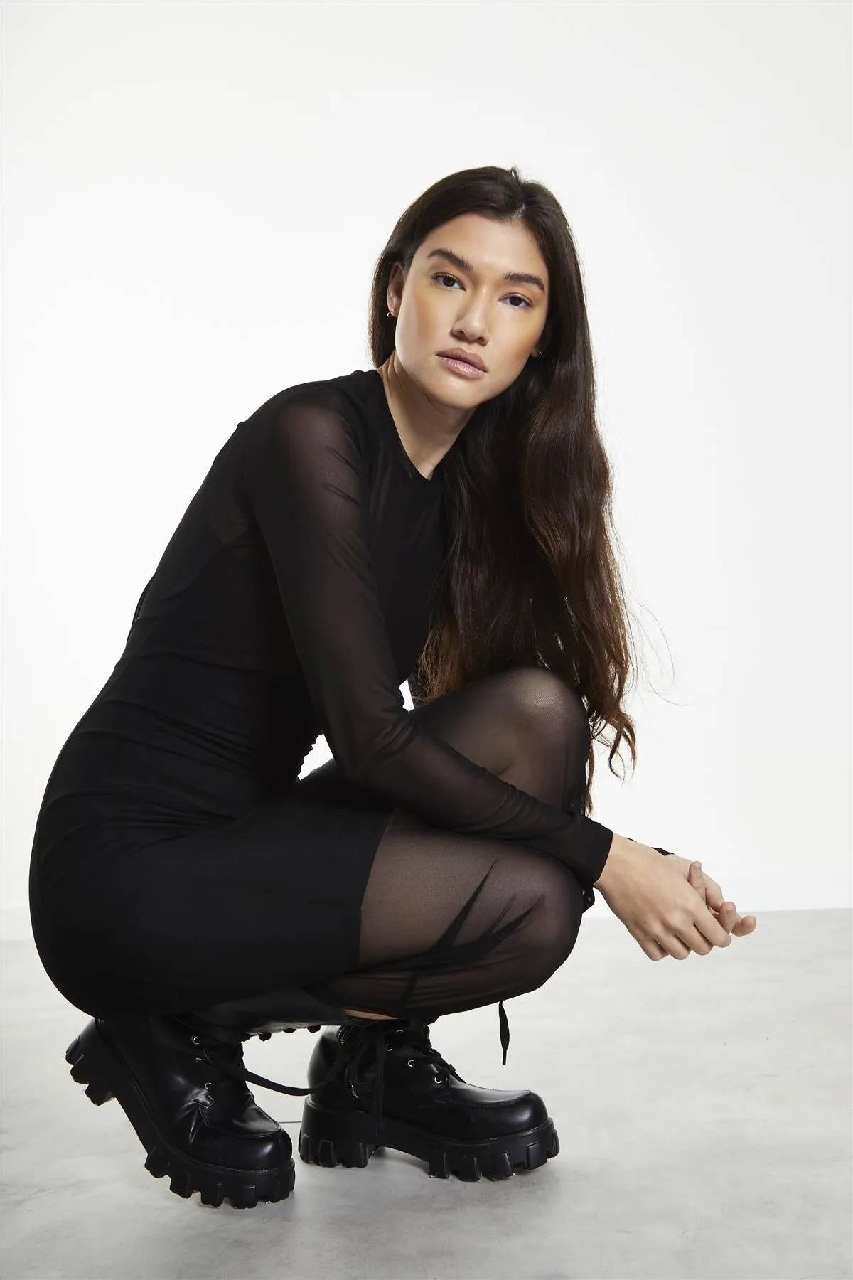 Black Mesh Crew Neck Midi-Dress