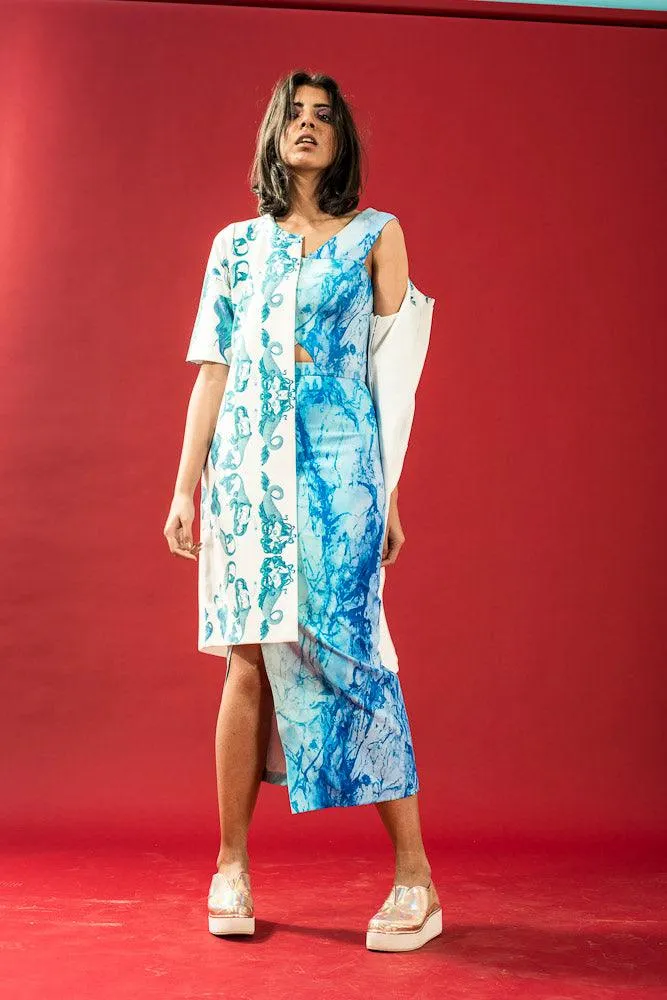 Blue Wave Print Cutout Dress