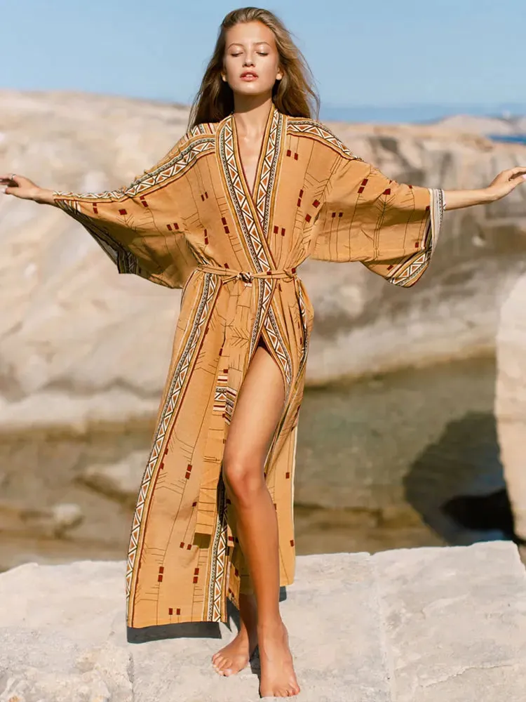 Bohemian  Beach Style  Bikini Cover-ups - Elegant Self-Belted Kimono Dress Tunic for Women