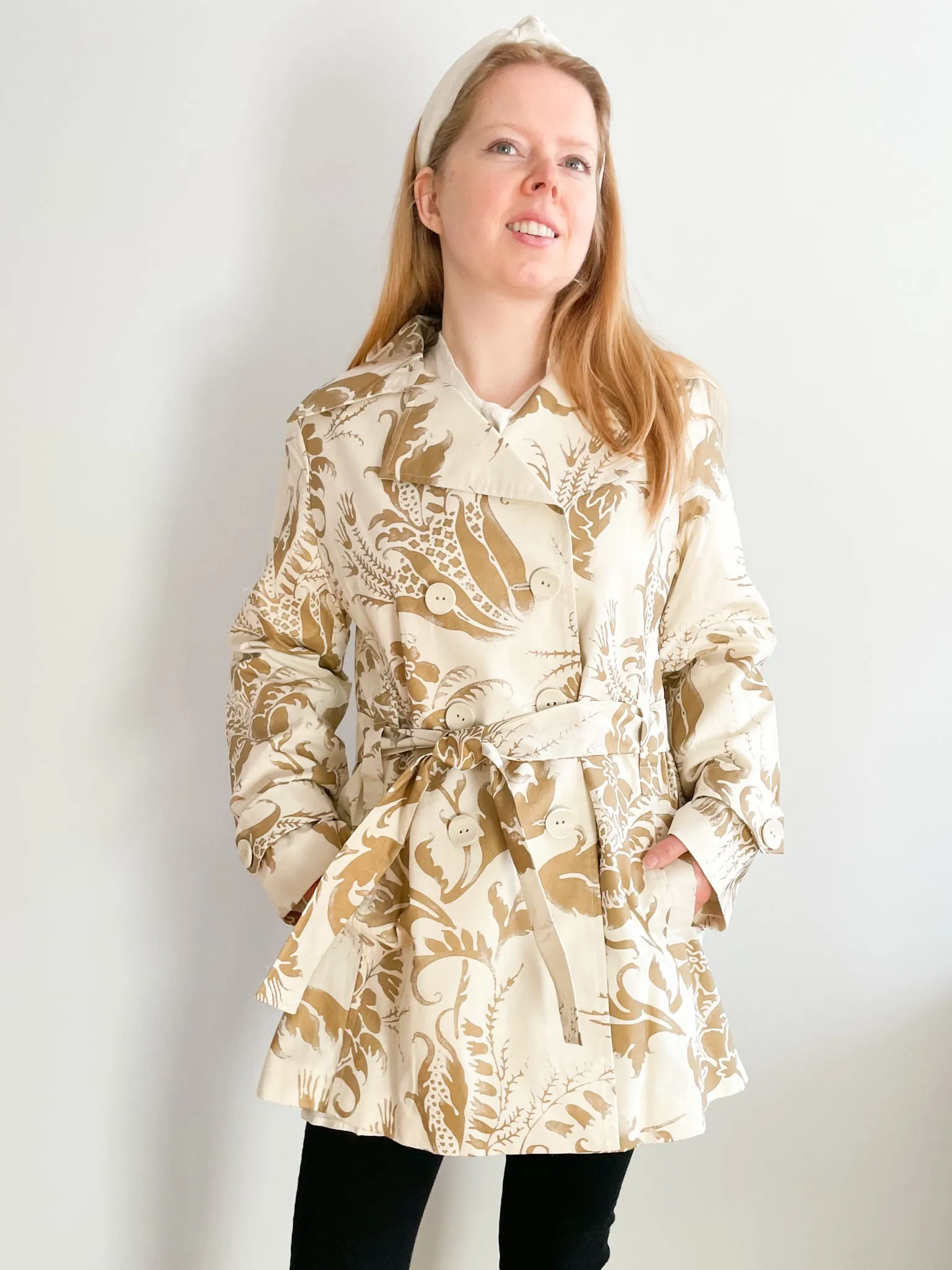 CAbi Gold Metallic and Cream Brocade Floral Cotton Linen Ladies Trench Coat NWT - Large