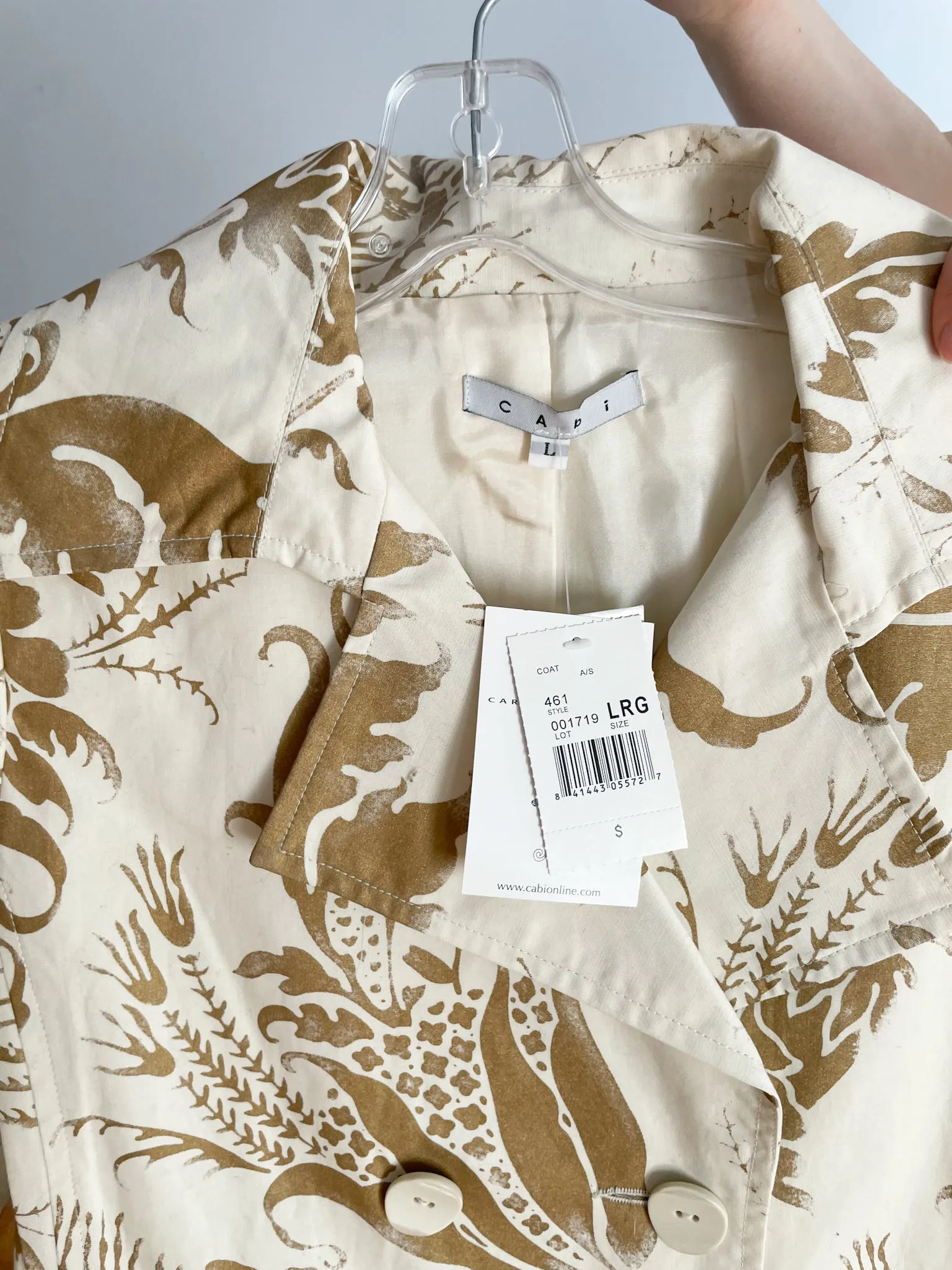 CAbi Gold Metallic and Cream Brocade Floral Cotton Linen Ladies Trench Coat NWT - Large