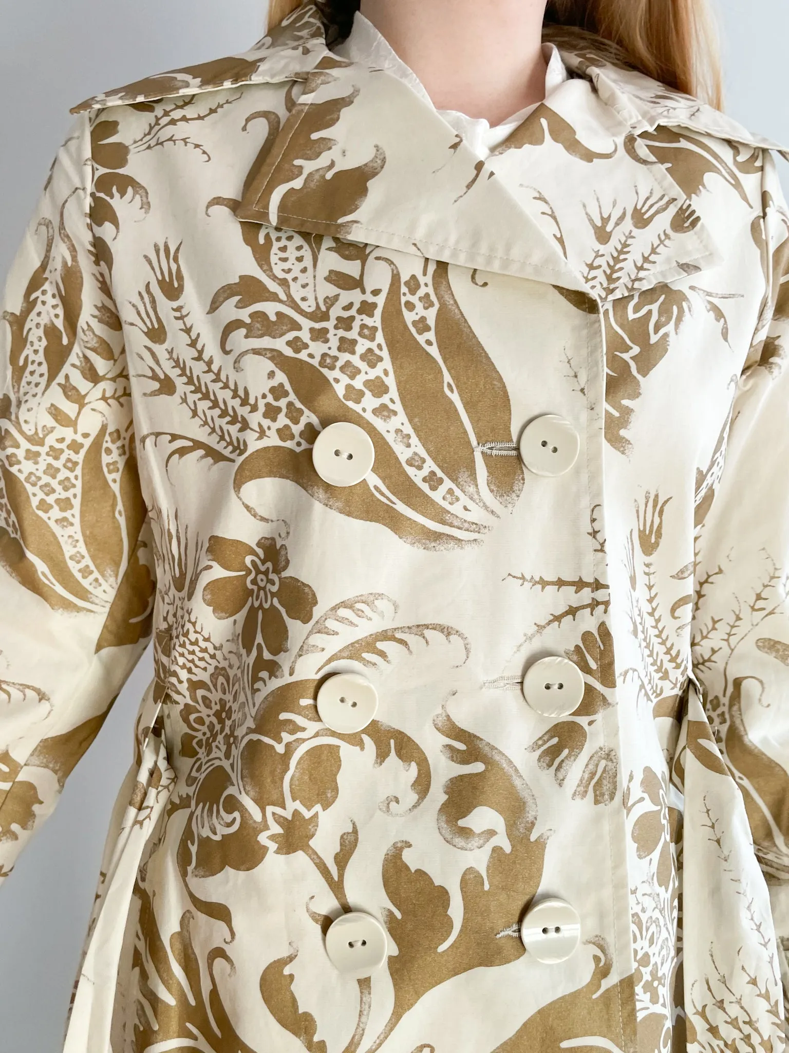 CAbi Gold Metallic and Cream Brocade Floral Cotton Linen Ladies Trench Coat NWT - Large