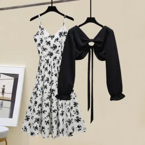 Charming Vintage Floral Print Crop Top and Slip Dress Set