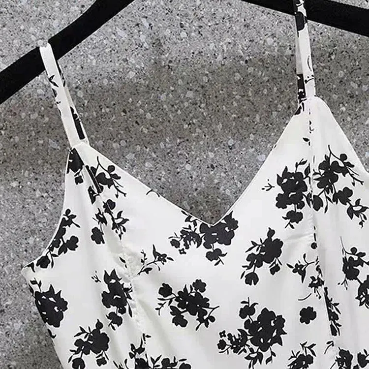 Charming Vintage Floral Print Crop Top and Slip Dress Set