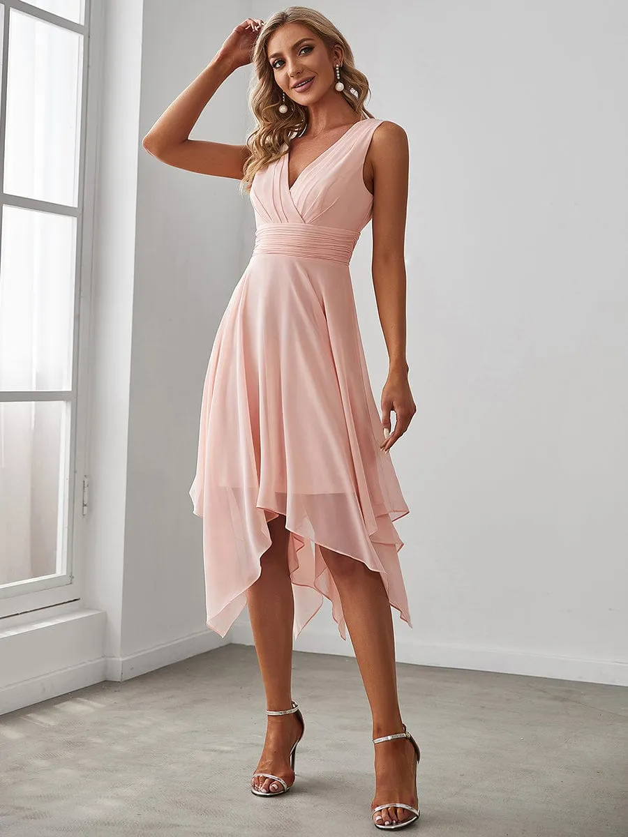 Chiffon Double V-Neck A Line Bridesmaid Dress with Asymmetrical Hem