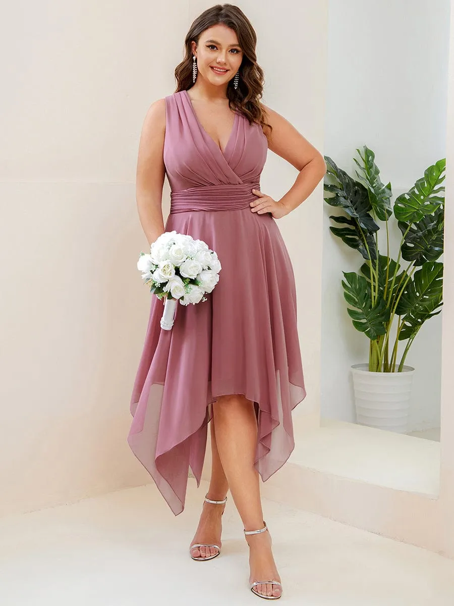 Chiffon Double V-Neck A Line Bridesmaid Dress with Asymmetrical Hem