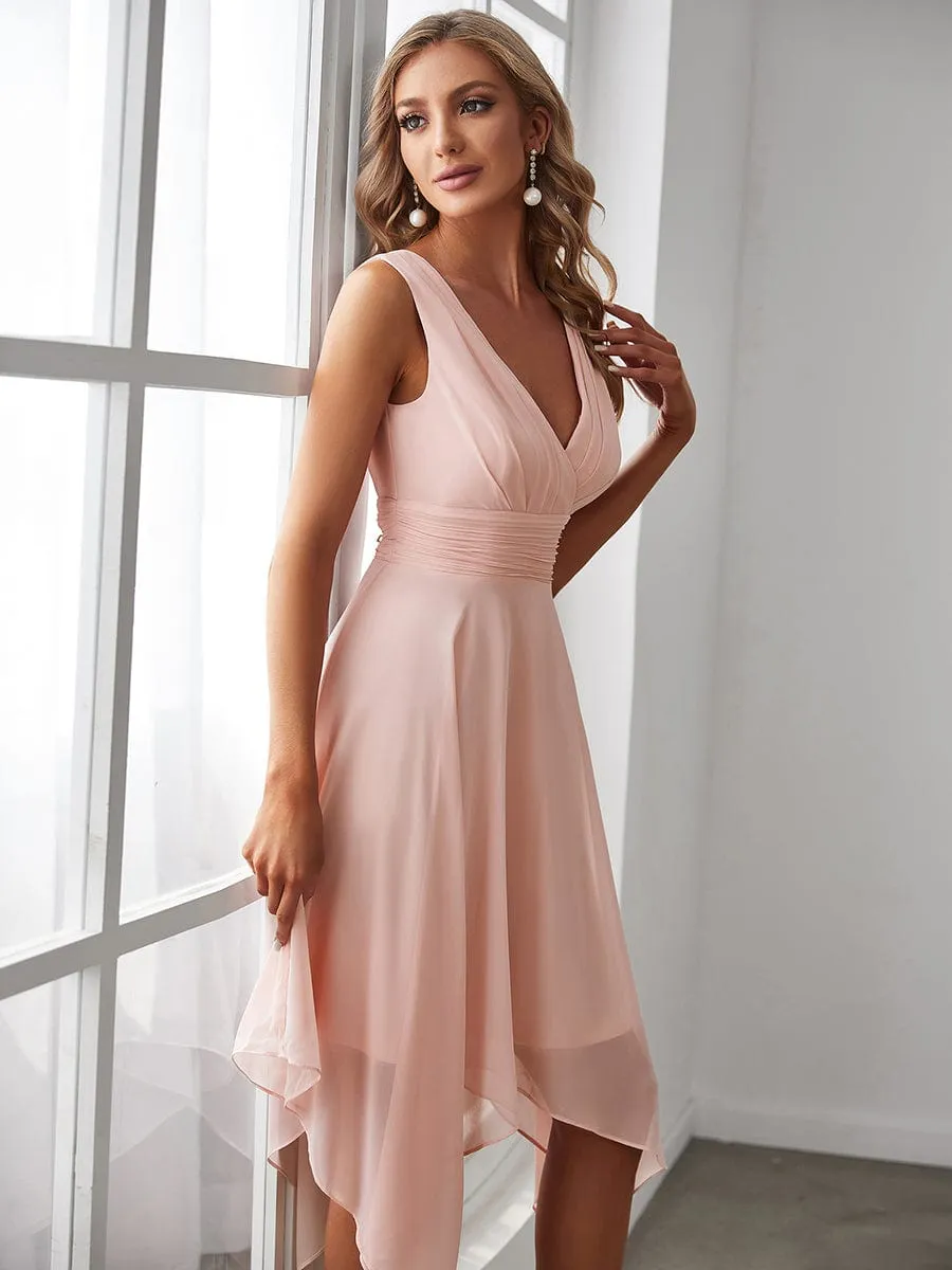 Chiffon Double V-Neck A Line Bridesmaid Dress with Asymmetrical Hem