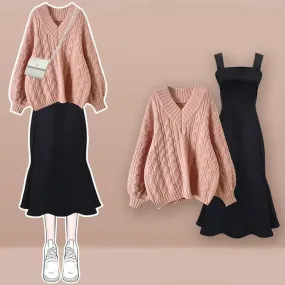 Classic Elegance: Vintage V-Neck Cable Sweater Dress Set