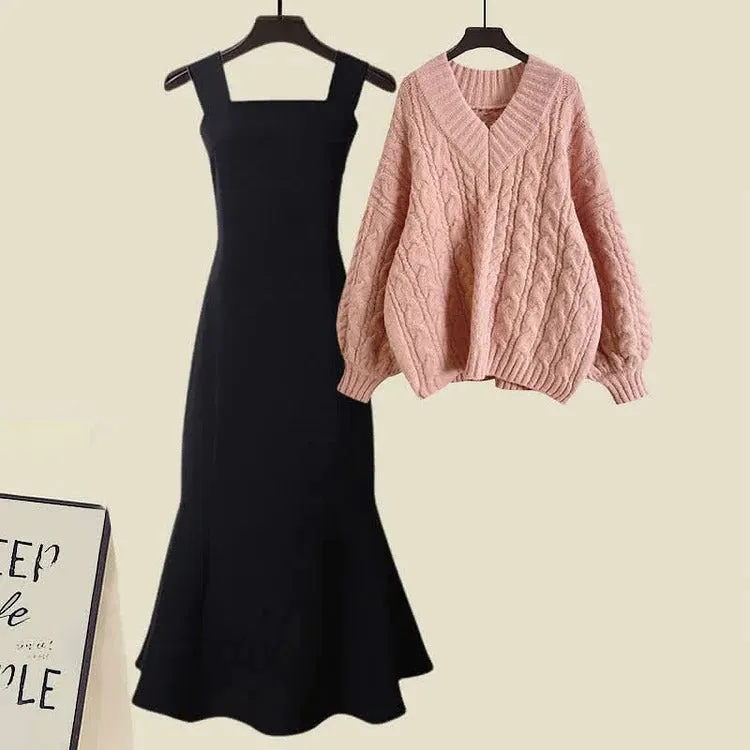 Classic Elegance: Vintage V-Neck Cable Sweater Dress Set