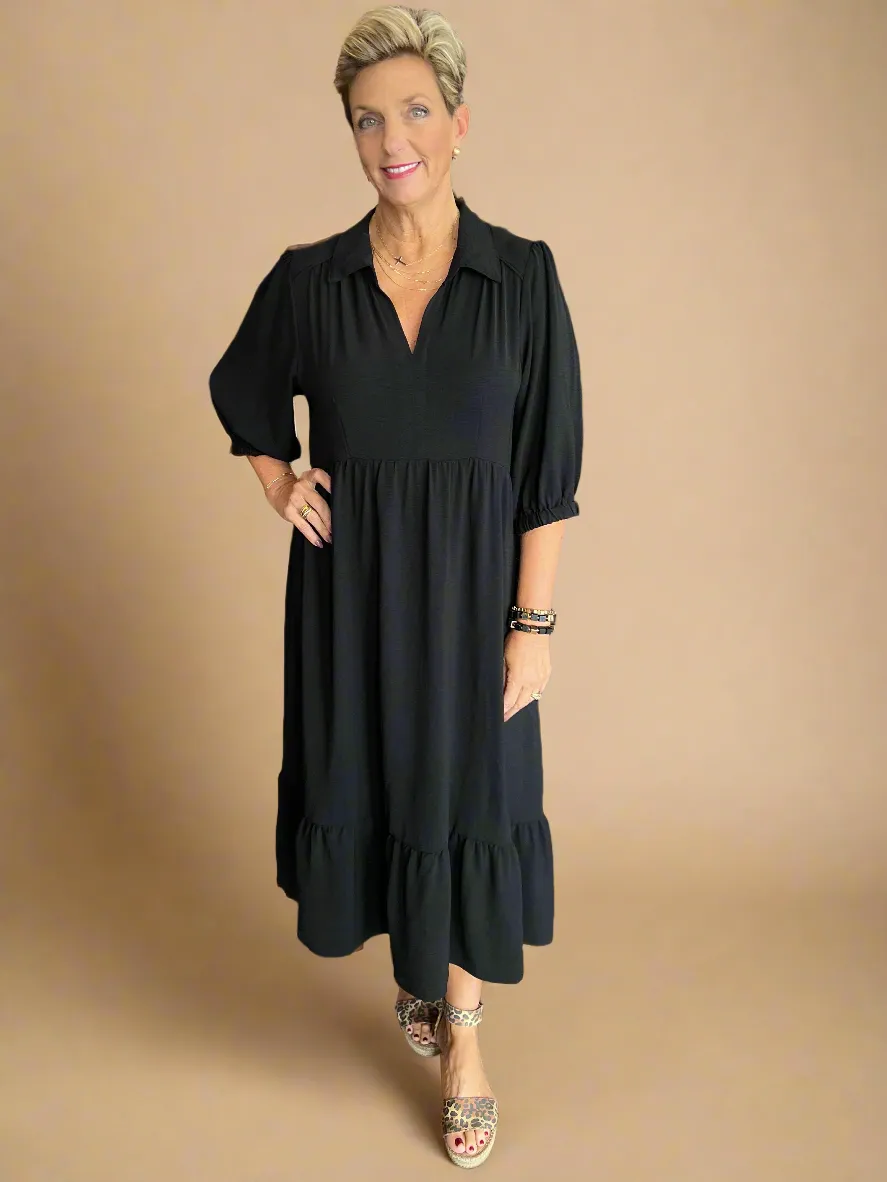 Collared V-Neck Midi Dress in Black