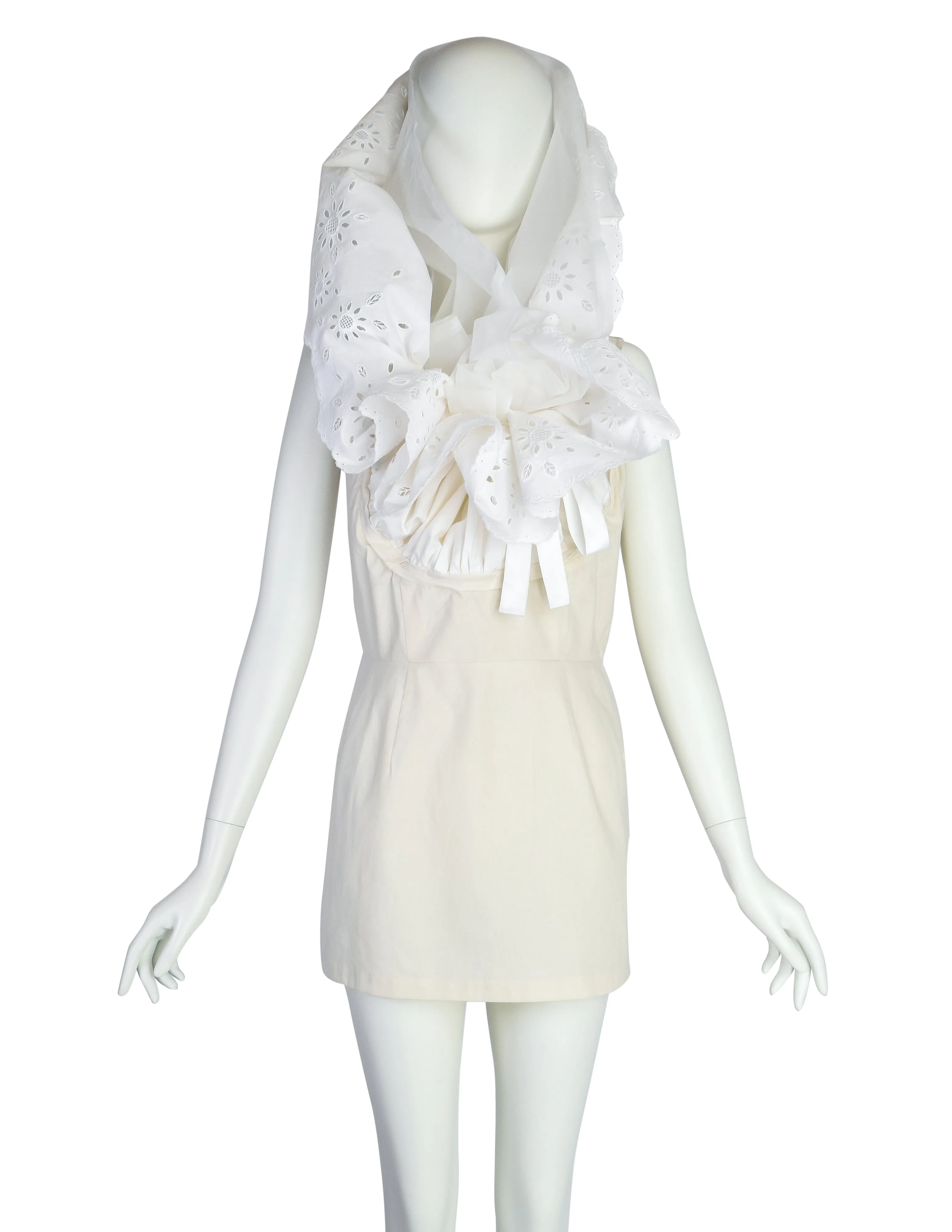 Comme des Garcons Vintage SS 2002 White Dramatic Sheer Eyelet Ruffle Head Wrap Tunic Top