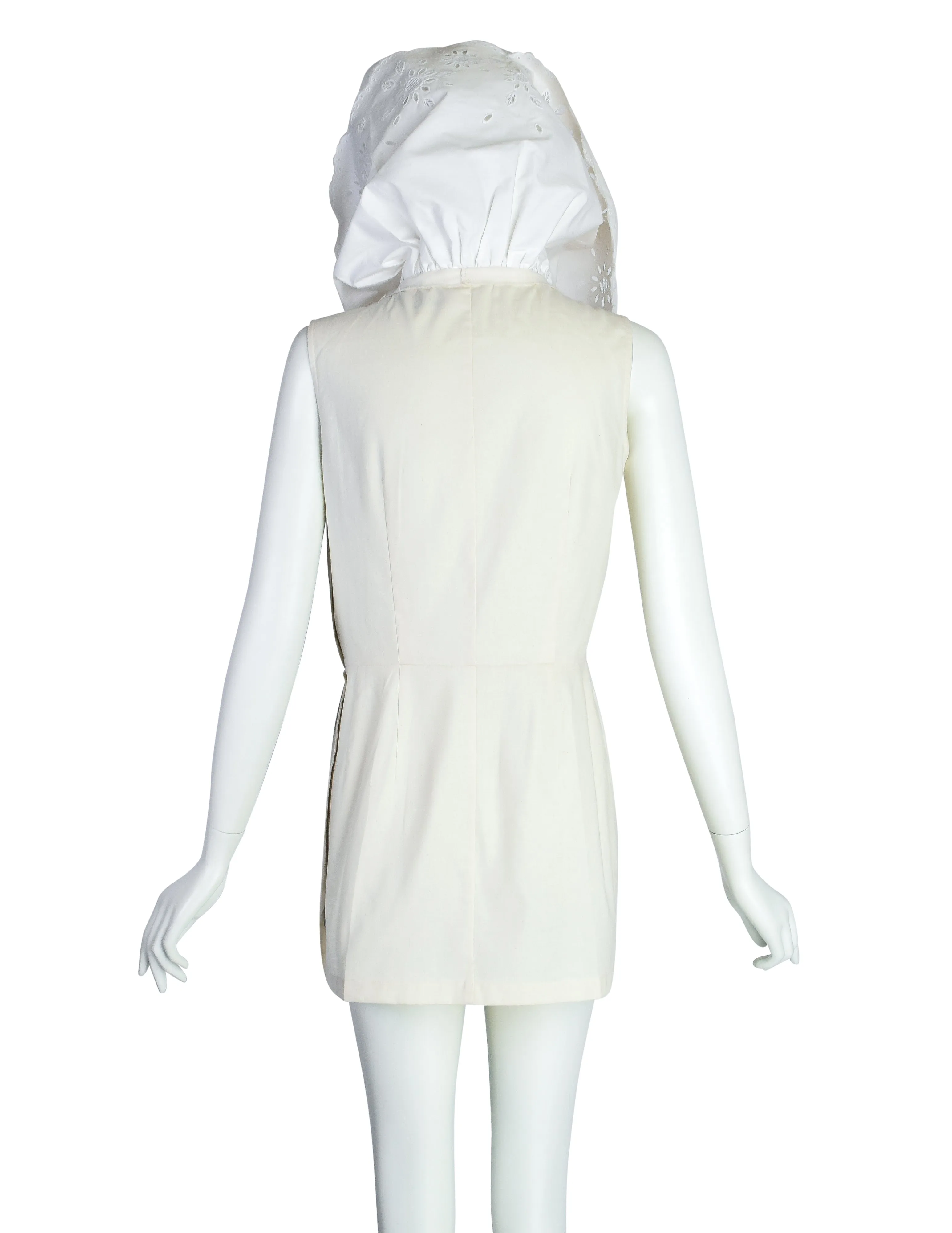 Comme des Garcons Vintage SS 2002 White Dramatic Sheer Eyelet Ruffle Head Wrap Tunic Top