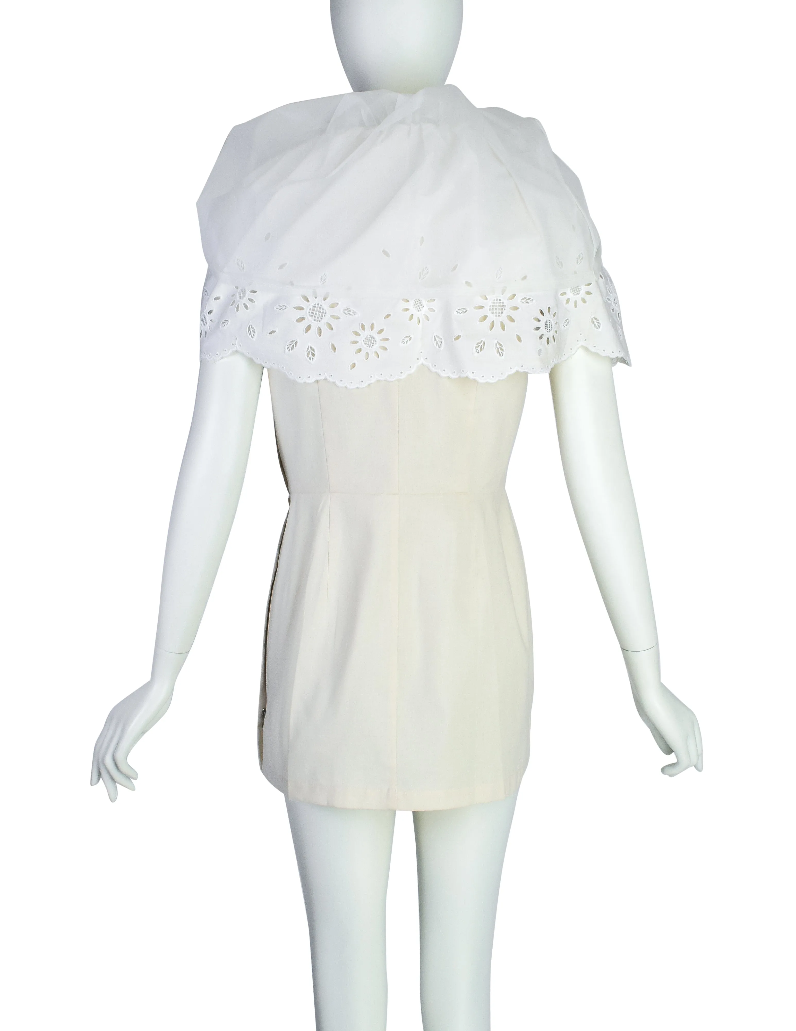 Comme des Garcons Vintage SS 2002 White Dramatic Sheer Eyelet Ruffle Head Wrap Tunic Top