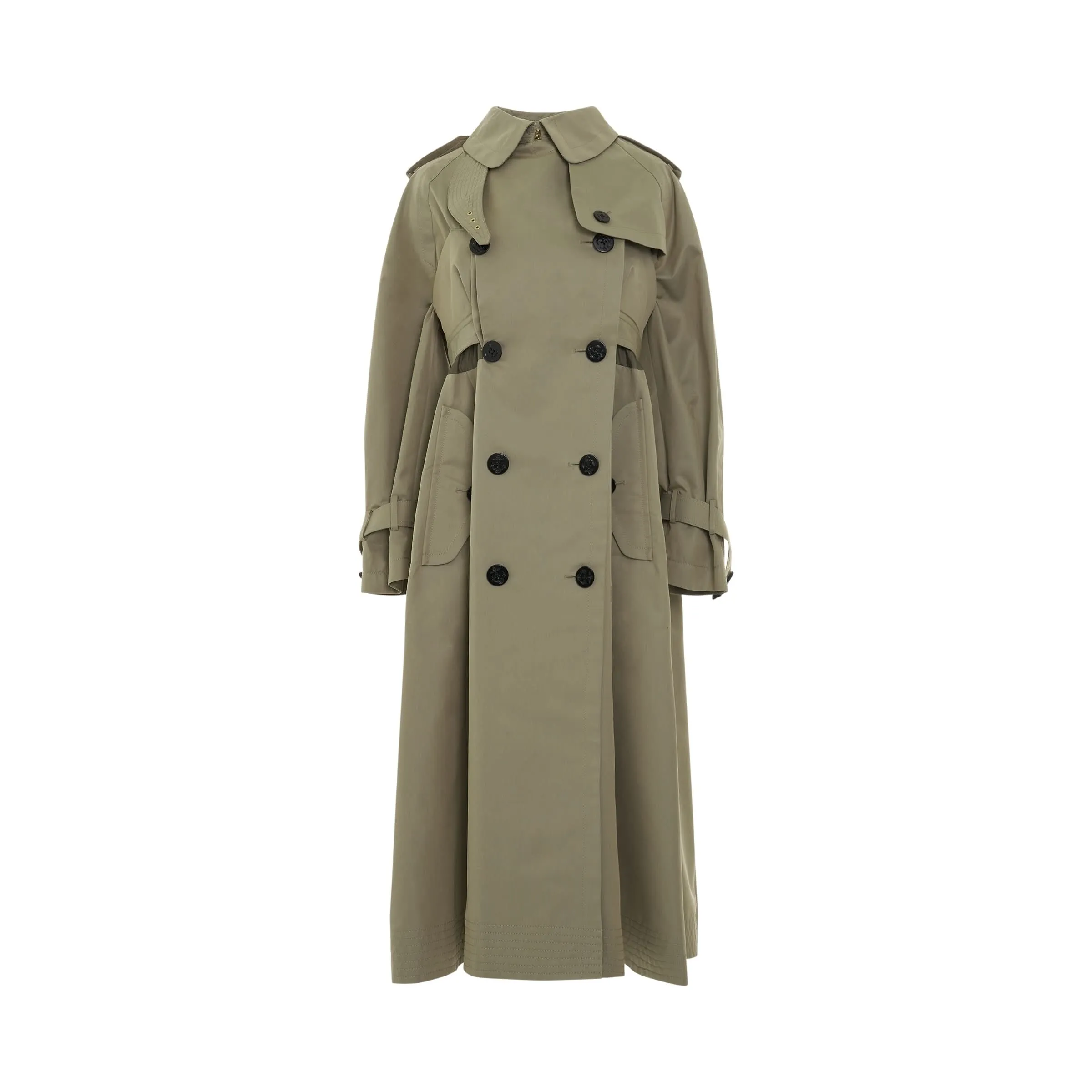 Cotton Gabardine Coat with Leather Trim in Beige