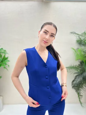 Crop vest with pocket placket-Royal Blue