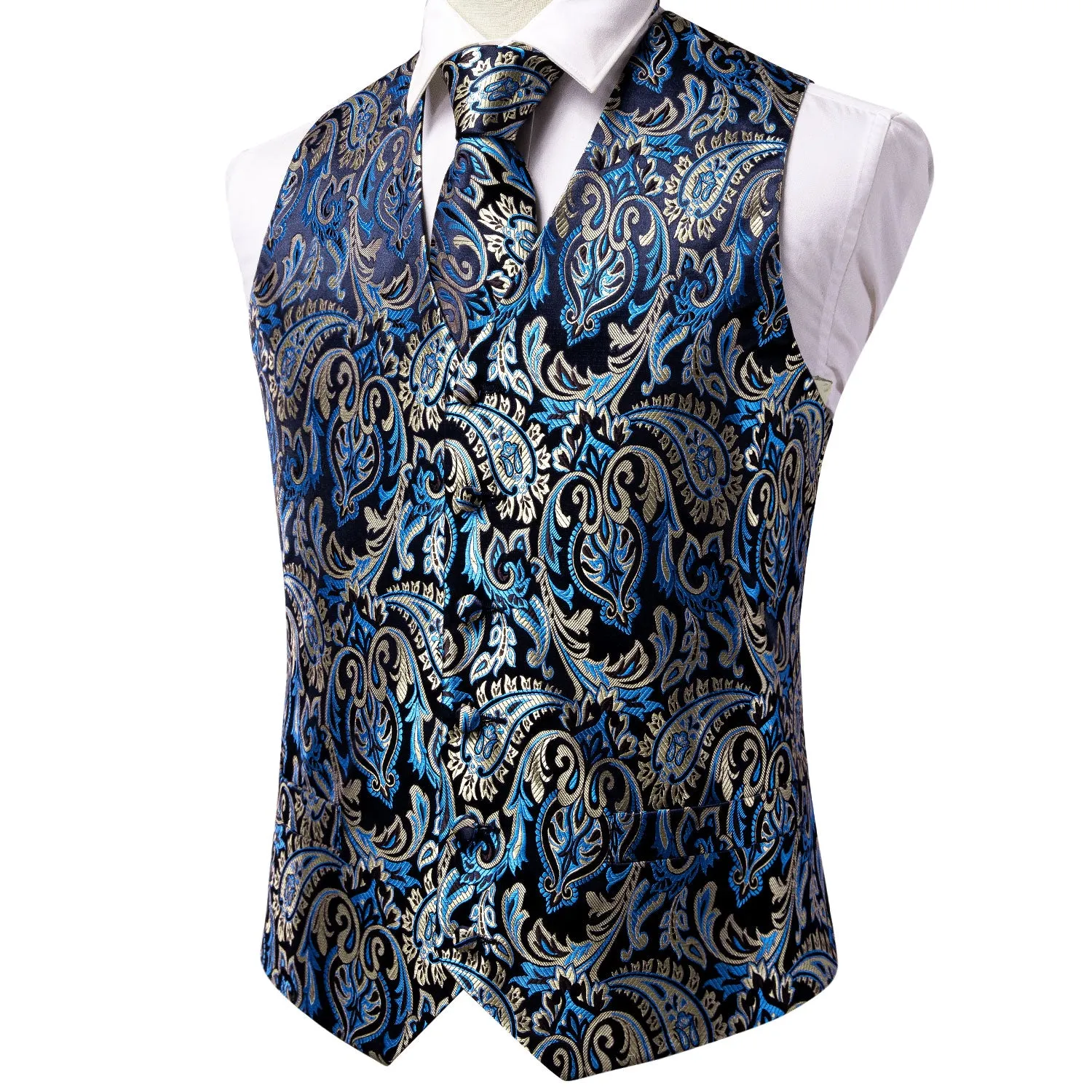 Dark Blue Champagne Paisley Silk Men's Vest Hanky Cufflinks Tie Set Waistcoat Suit Set