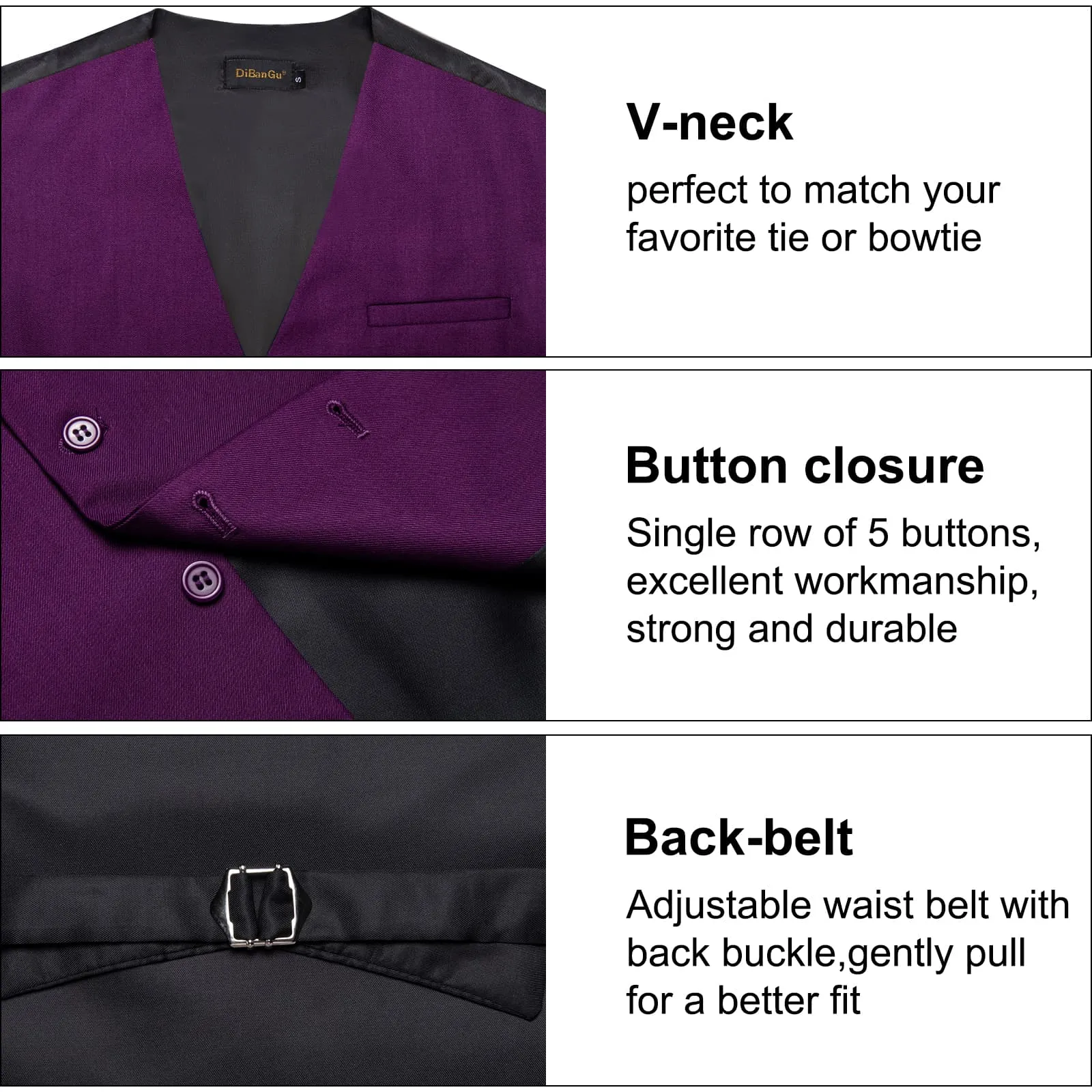 DiBanGu Mens Vest Palatinate Purple Solid V Neck Work Waistcoat Silk Button Vest