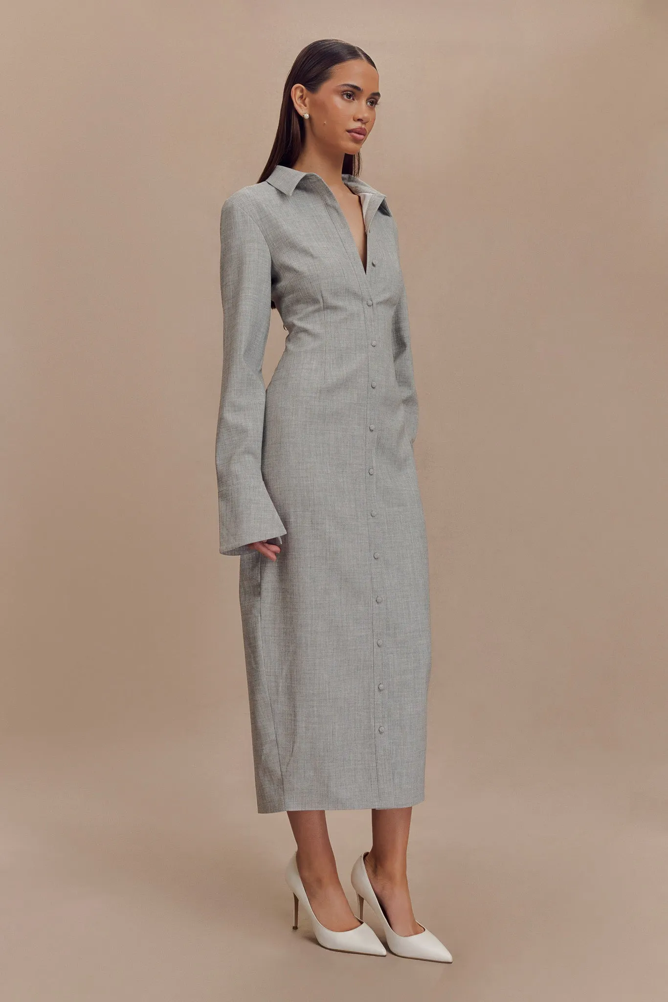 Dorian Fitted Shirt Midi Dress - Charcoal Marle