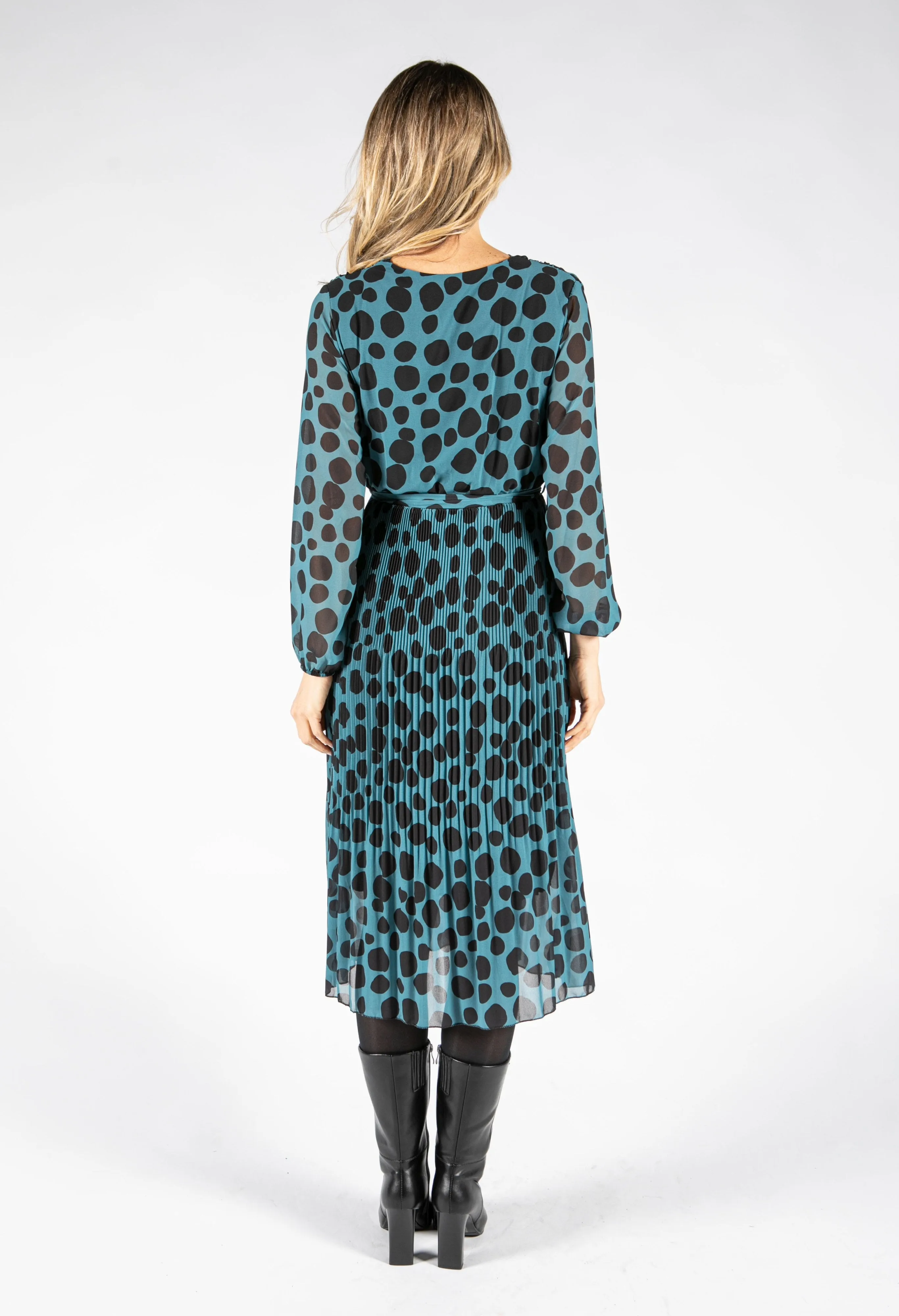 Dot Print Pleated V-Neck Dress in Teal & Black