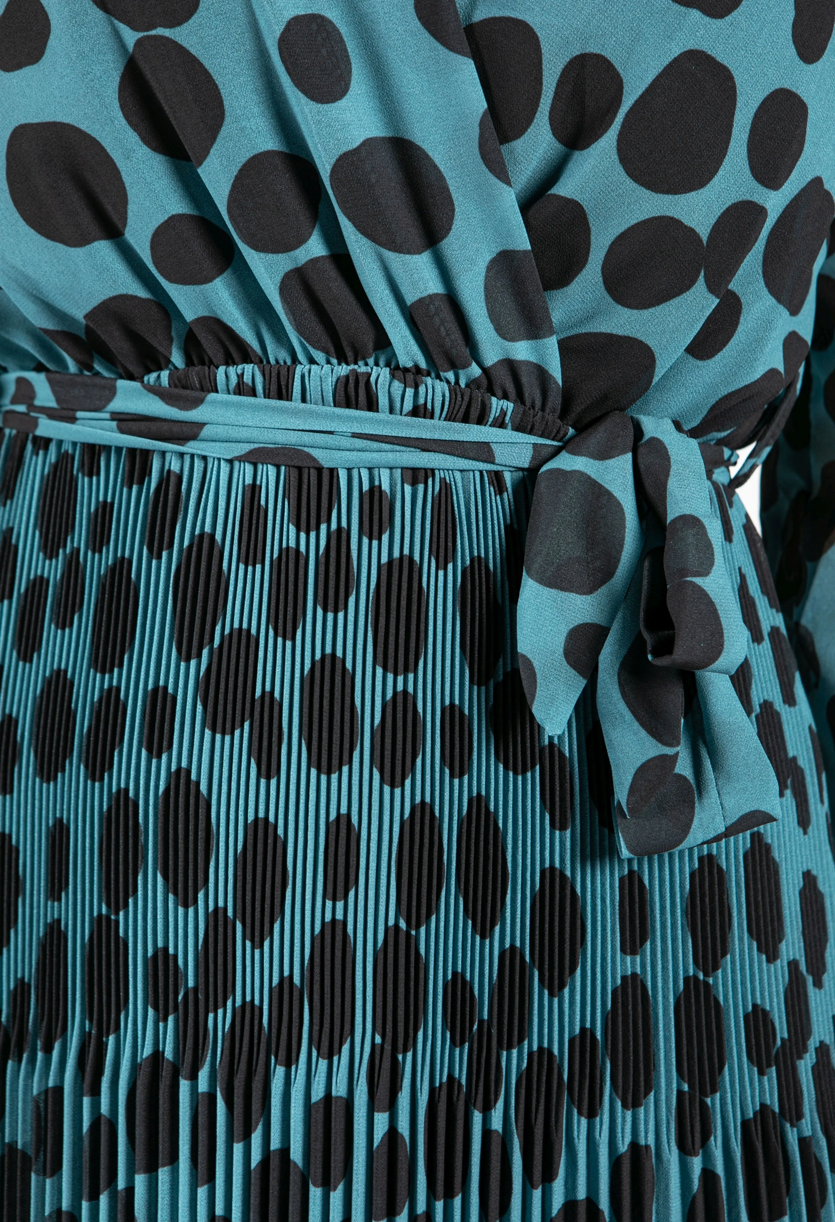 Dot Print Pleated V-Neck Dress in Teal & Black