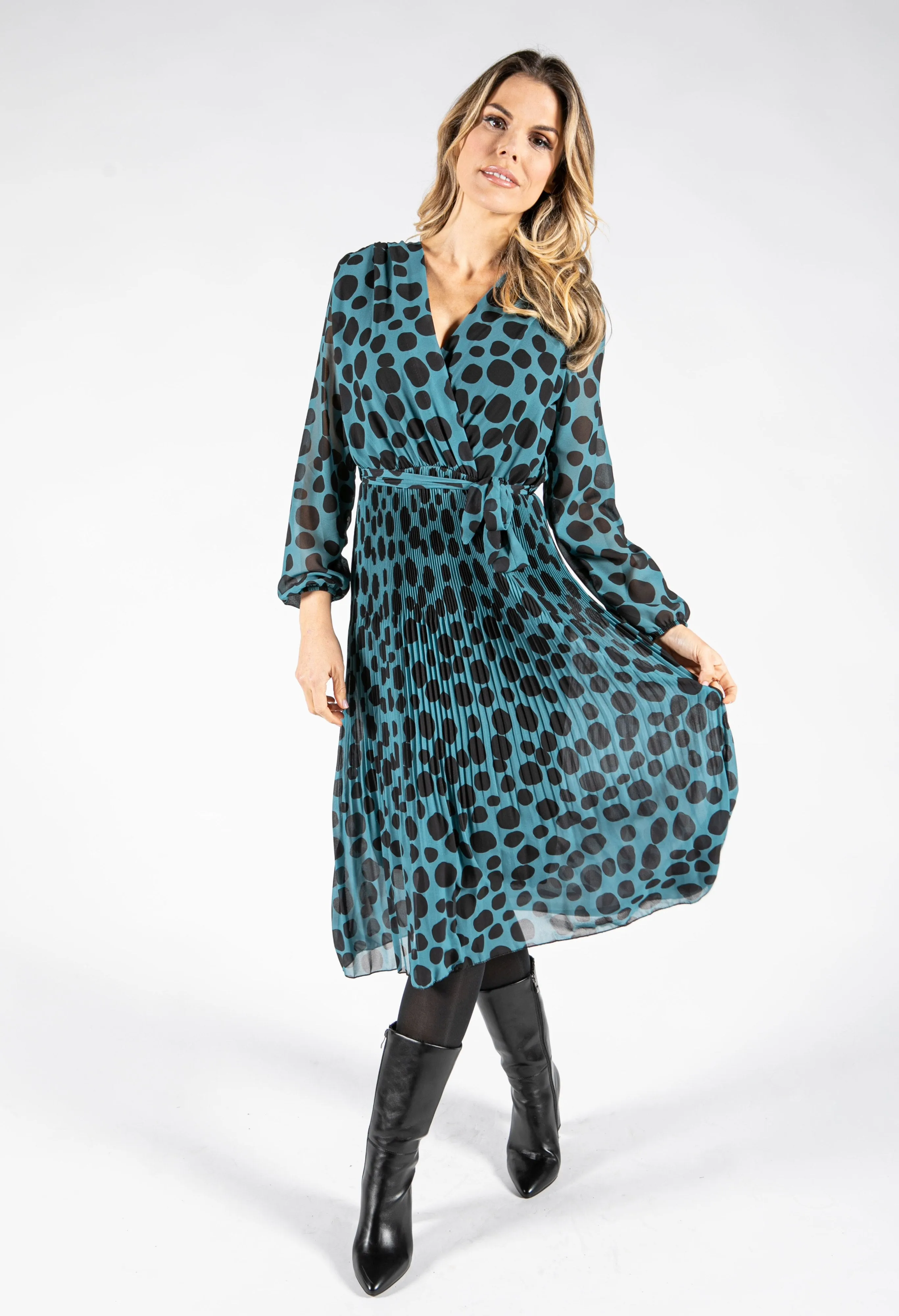 Dot Print Pleated V-Neck Dress in Teal & Black