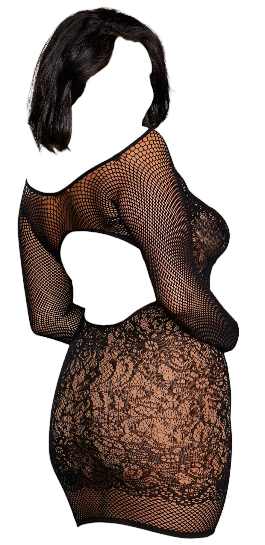 Dreamgirl Seamless Fishnet and Lace Versatile Long-Sleeved Chemise Black