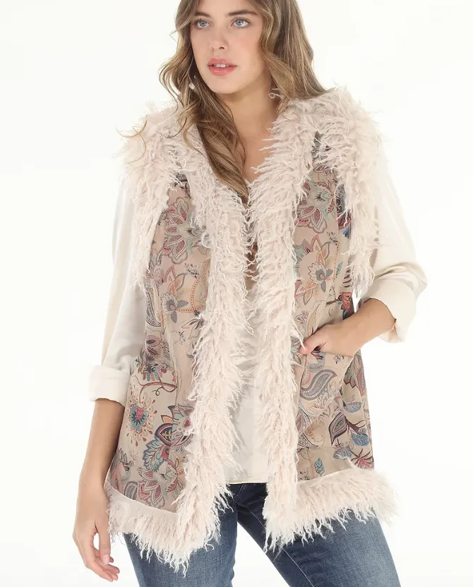 Dusty Floral Faux Suede & Faux Shearling Vest