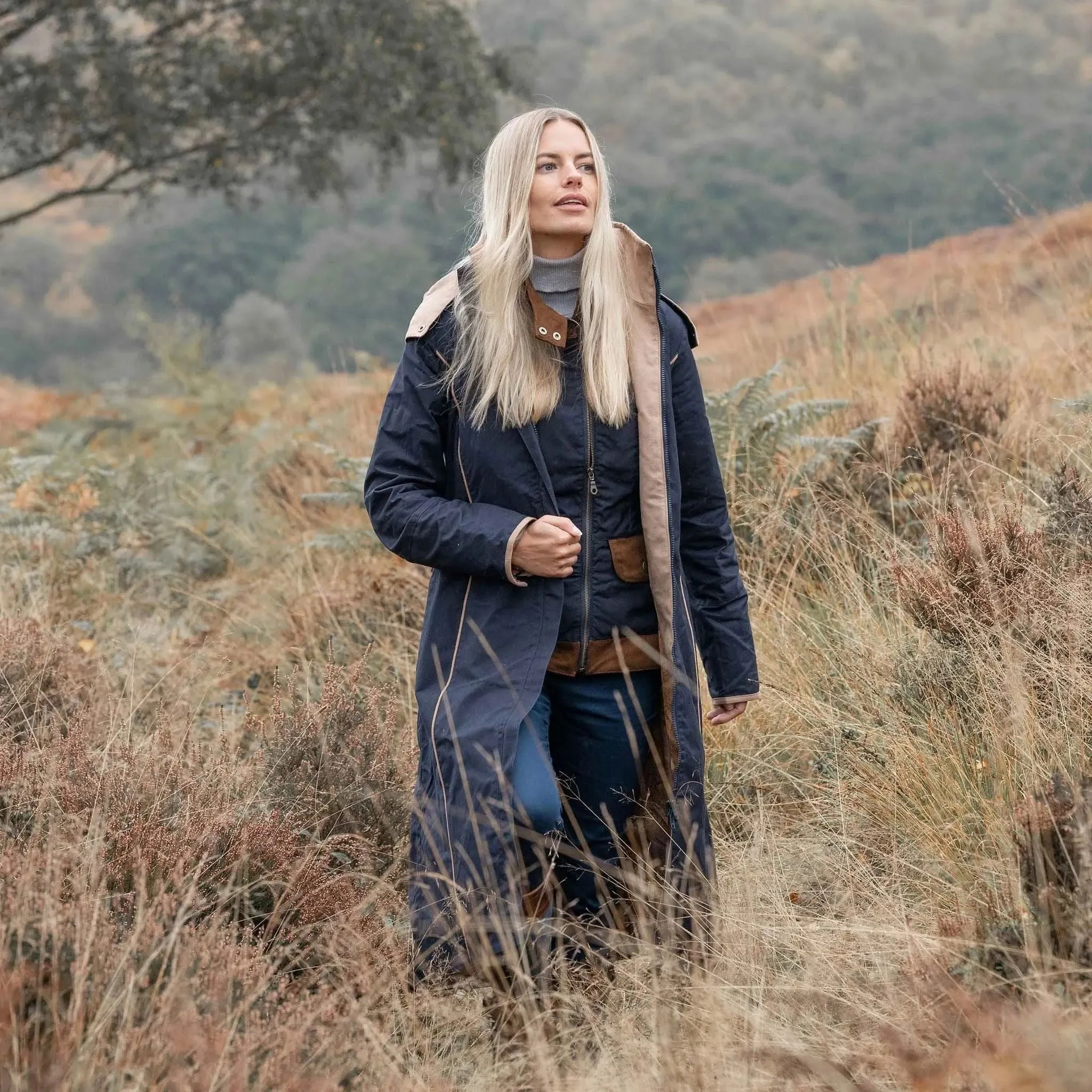 Eleanor Navy/Tan Long Waterproof Coat