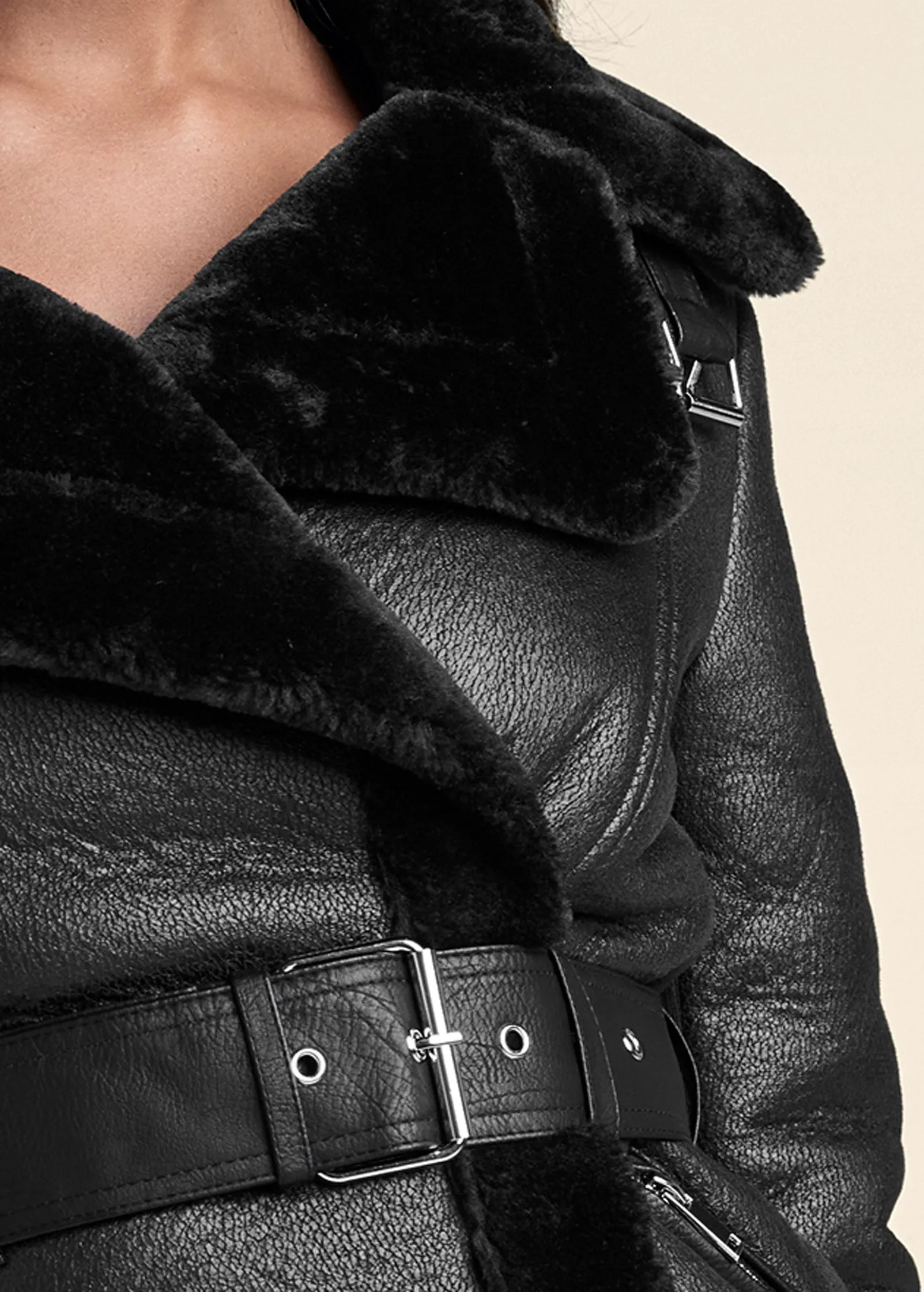 Faux-Leather & Fur Coat - Black