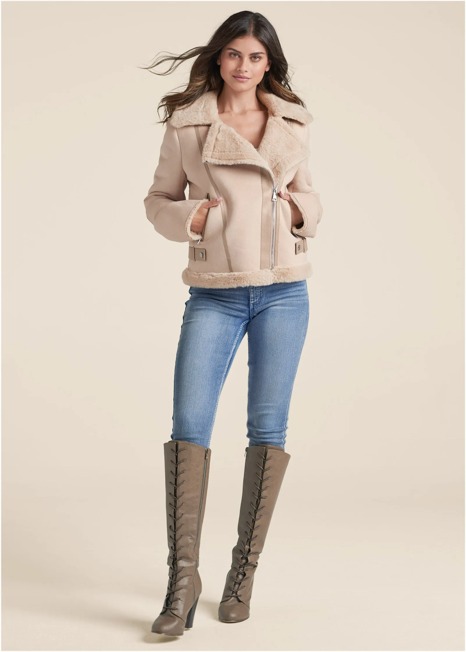 Faux-Shearling Coat - Ivory