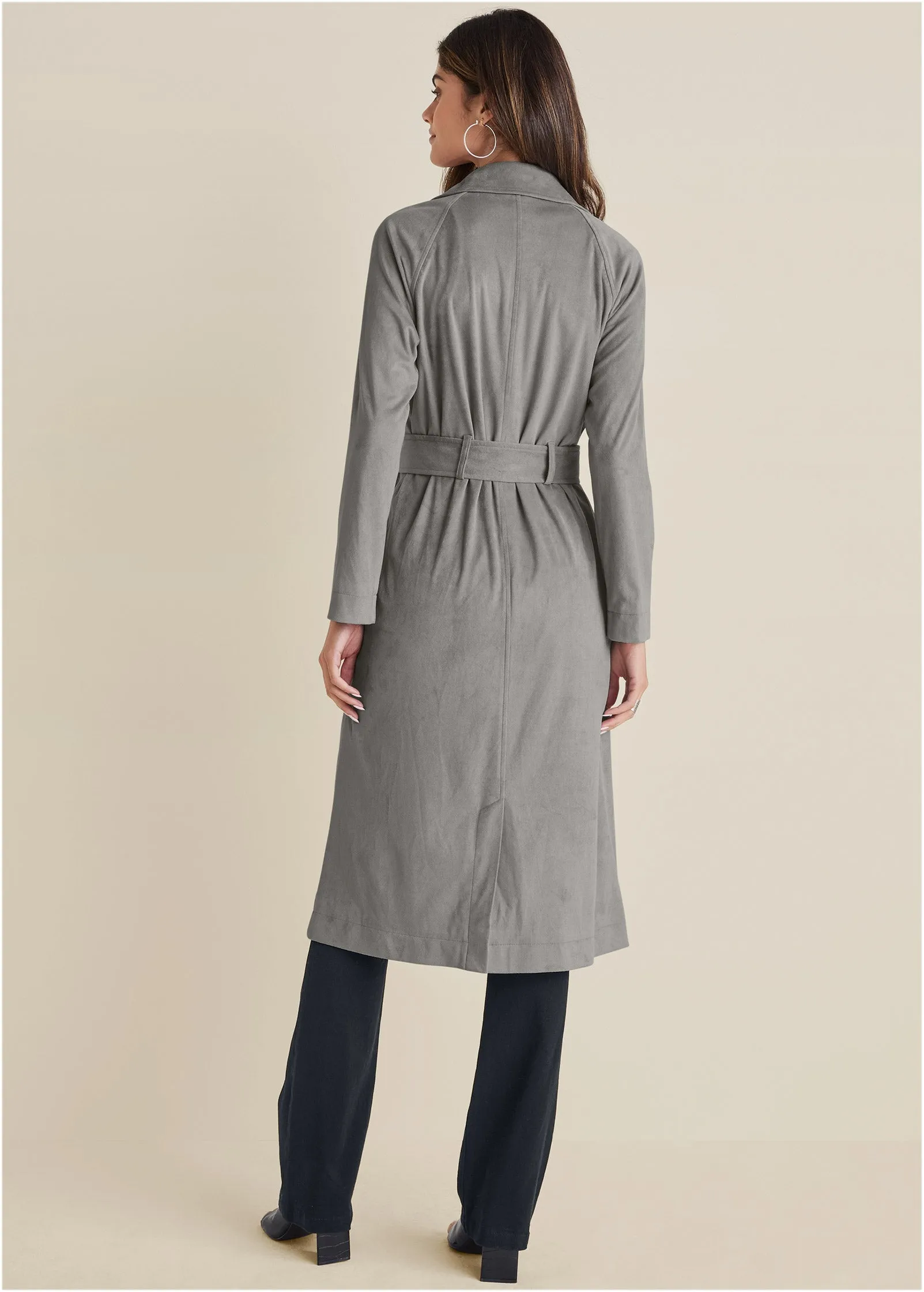 Faux Suede Trench Coat - Grey