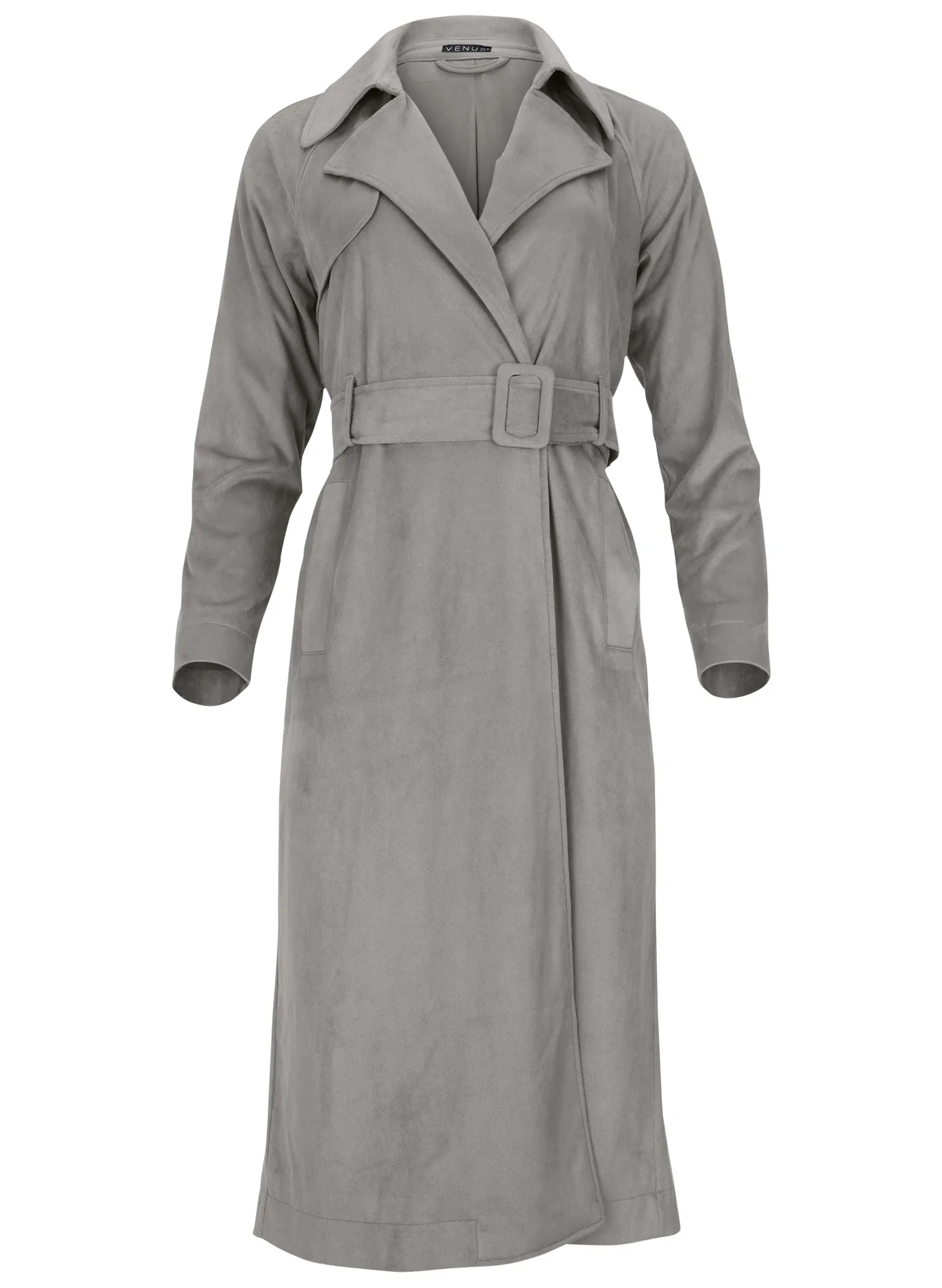 Faux Suede Trench Coat - Grey