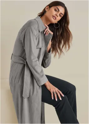 Faux Suede Trench Coat - Grey