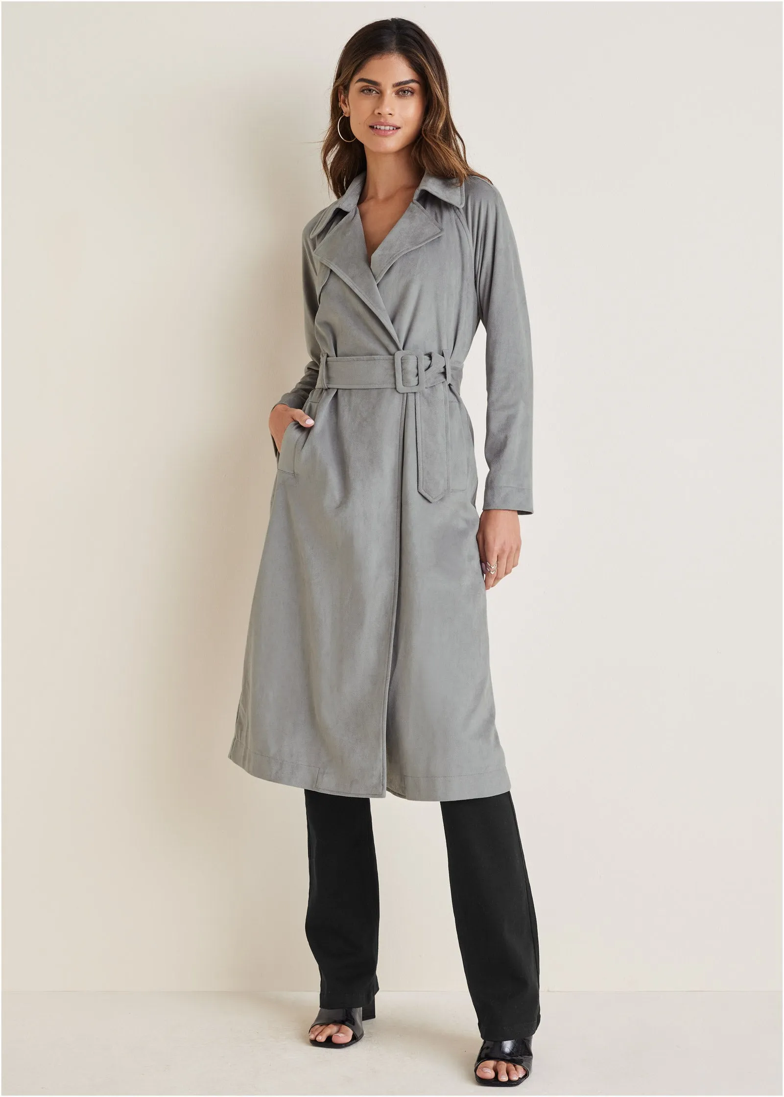 Faux Suede Trench Coat - Grey