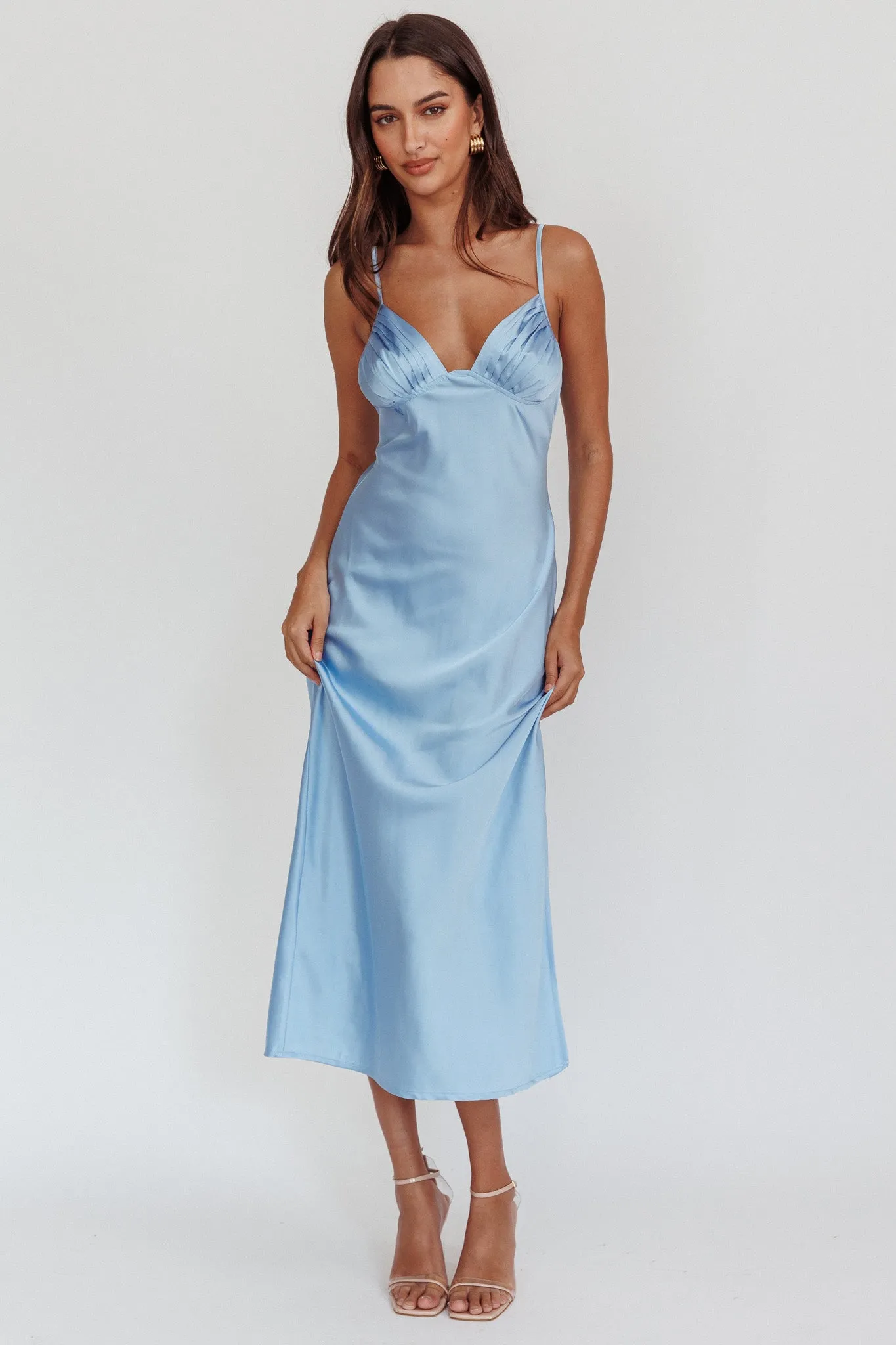 Felicity Pleat Bust Split Midi Dress Blue