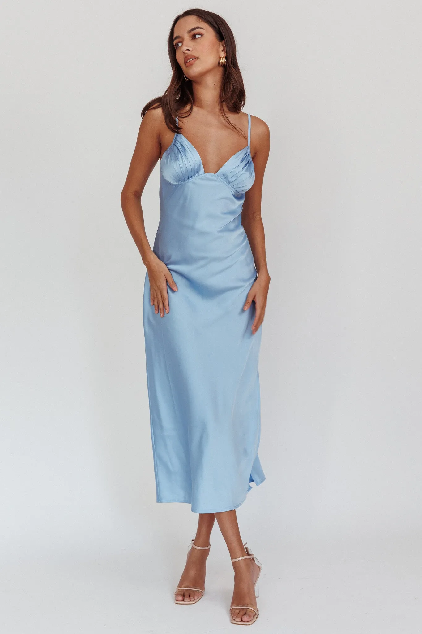 Felicity Pleat Bust Split Midi Dress Blue