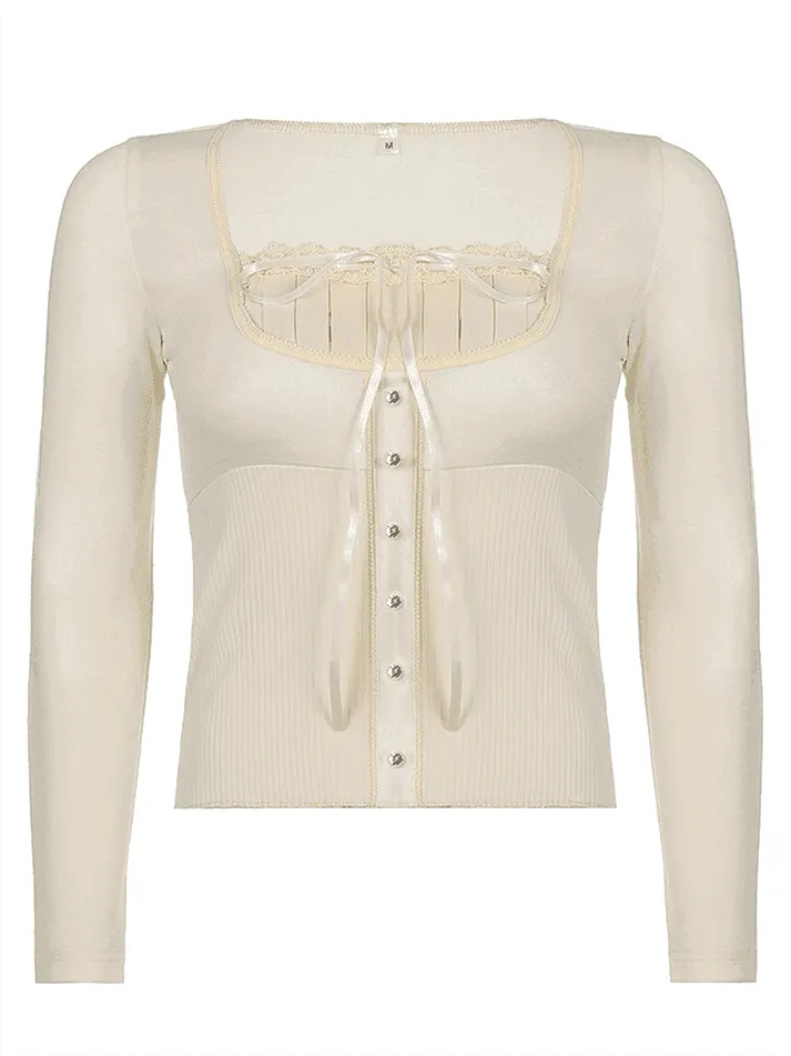 Fleece Bow-Neck Ribbed Lace Blouse