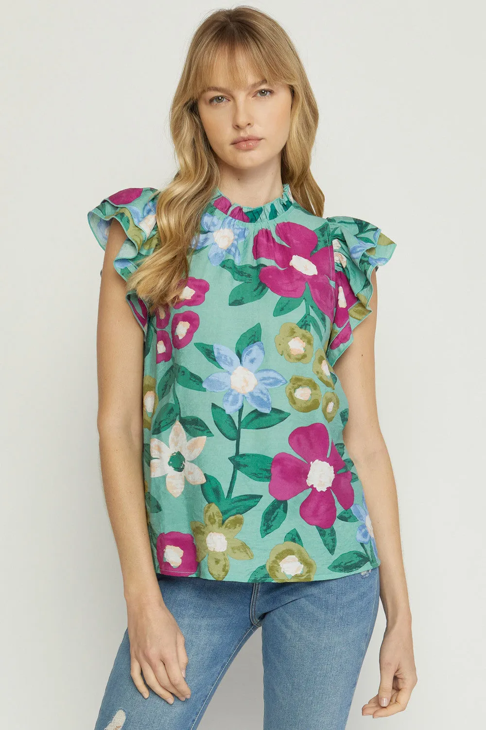 Floral Ruffle Sleeve Top, Sage