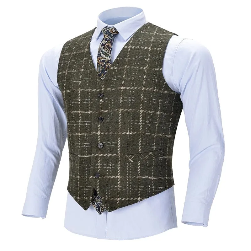 Formal Slim Fit Suit Vest Army Green Plaid V Neck Waistcoat