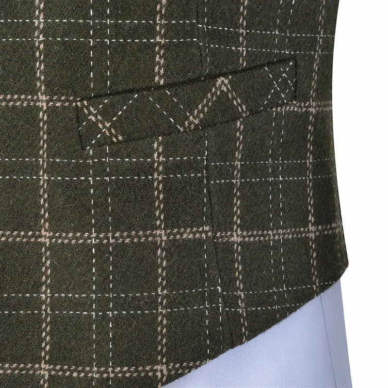 Formal Slim Fit Suit Vest Army Green Plaid V Neck Waistcoat